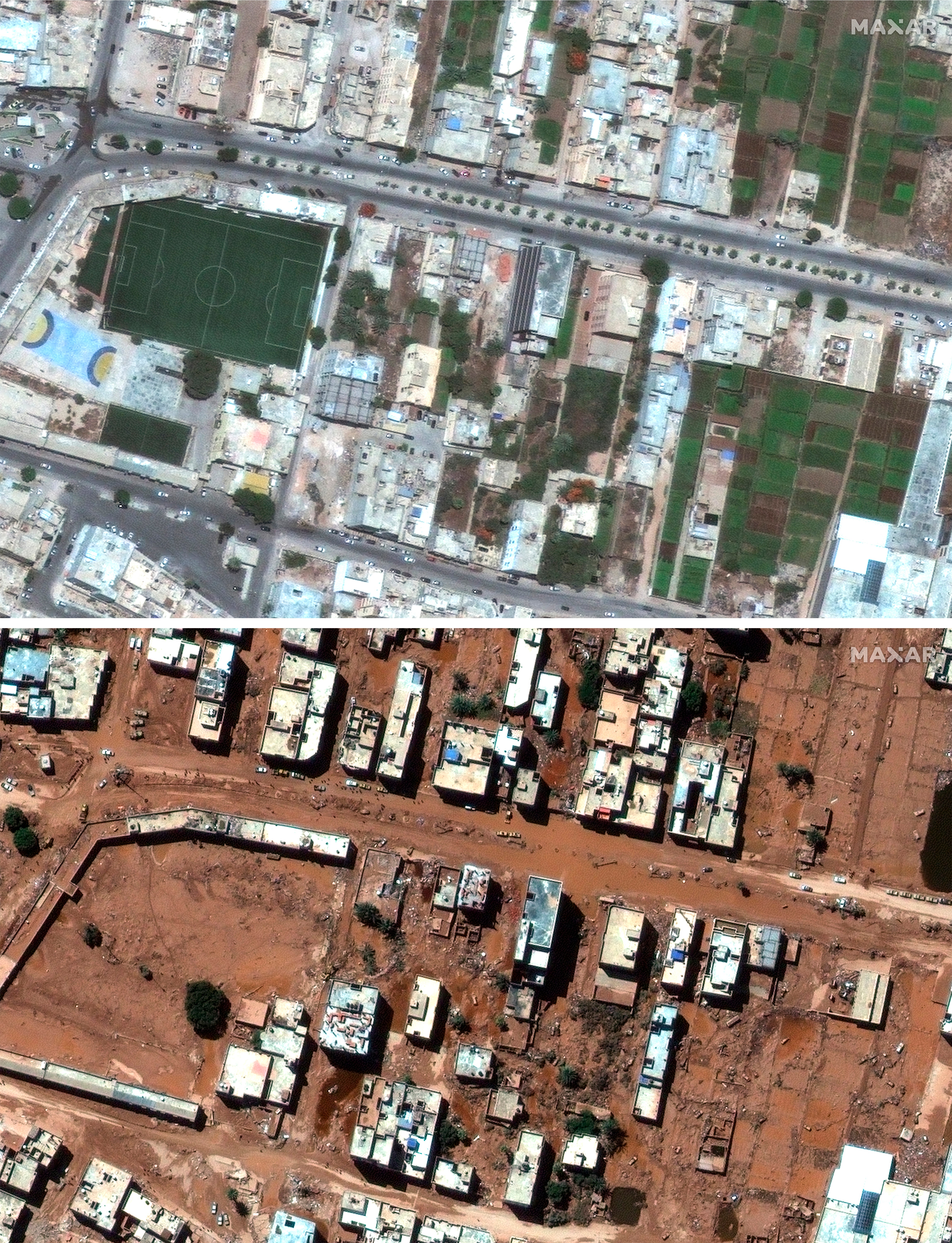 Satellite images show a neighbourhood of Derna before and after the floods