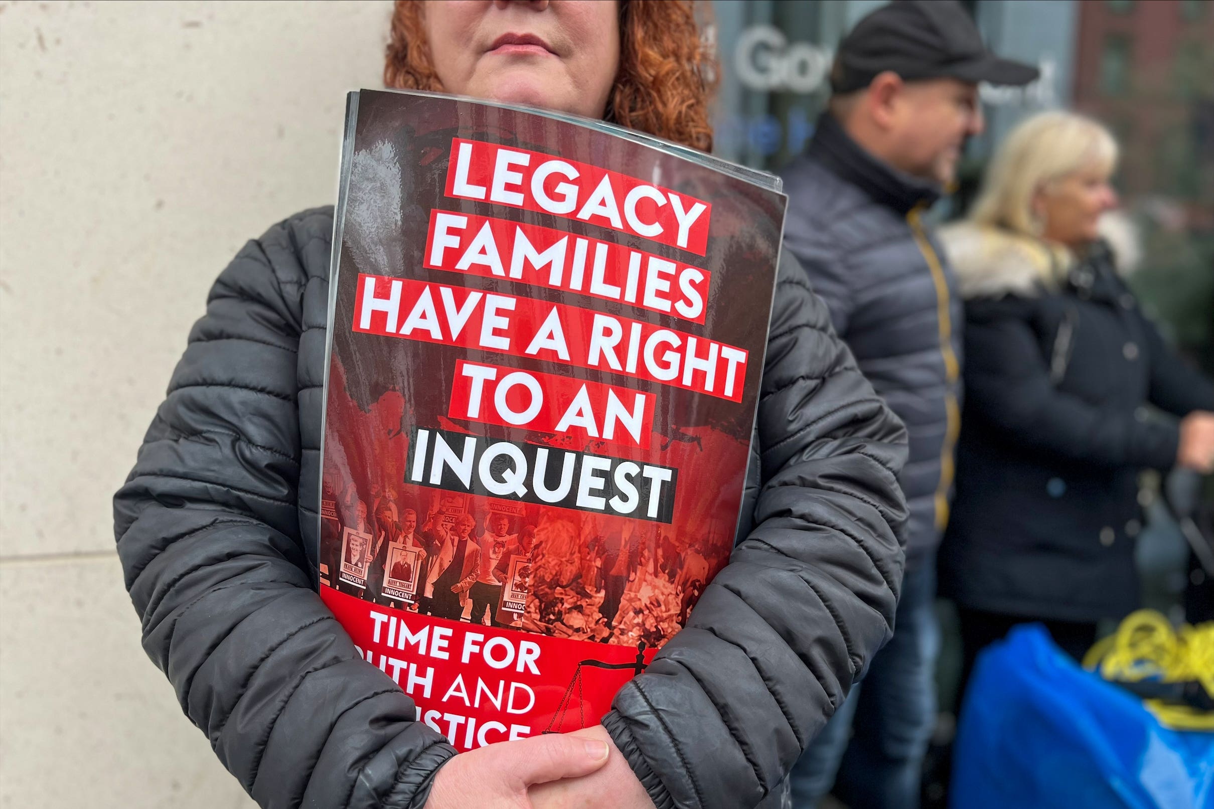 Time for Truth and Justice campaigners protest against the Northern Ireland Troubles (Legacy and Reconciliation) Bill outside the Northern Ireland Office (NIO) at Erskine House in Belfast.