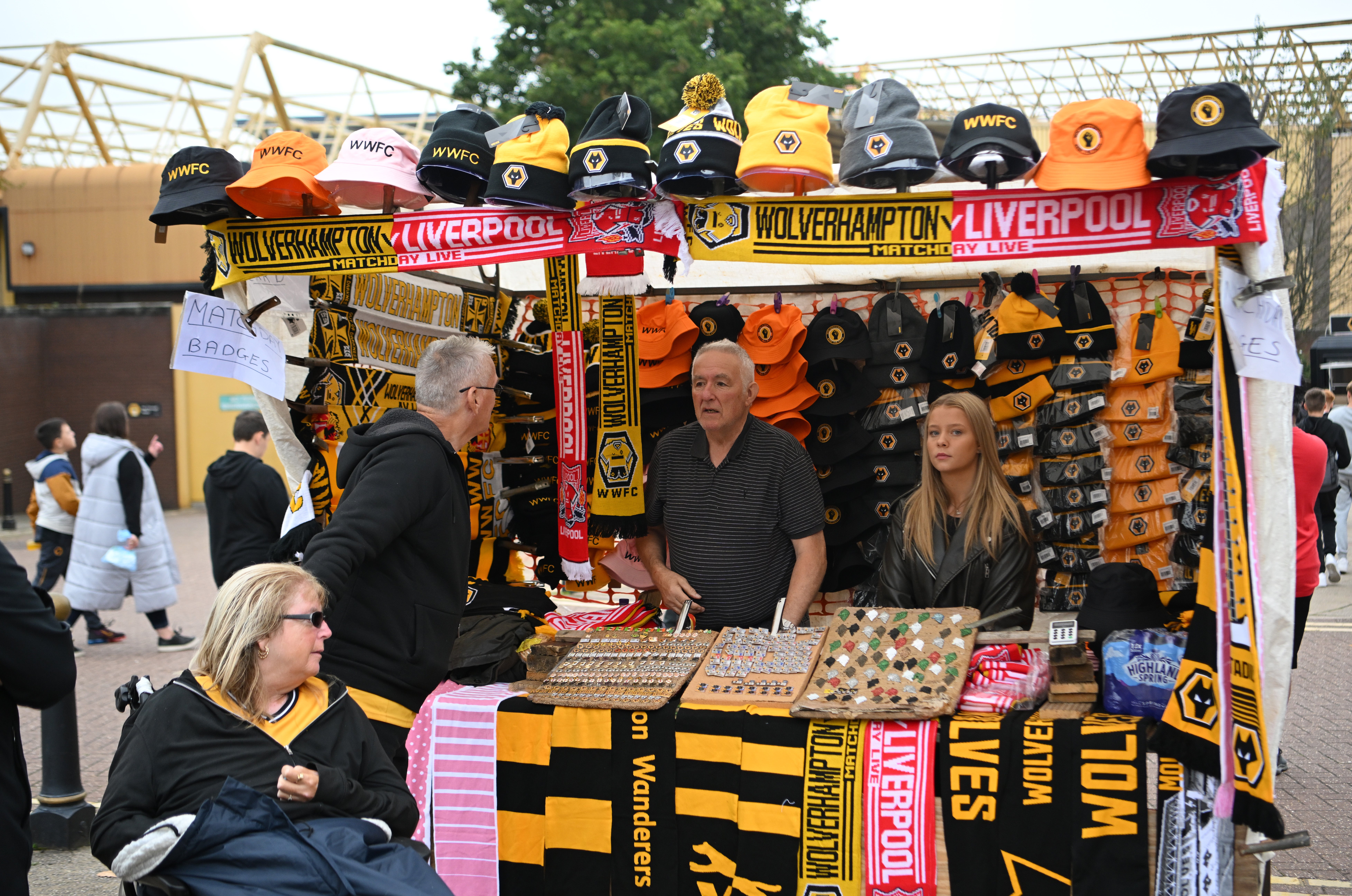 Merchandise is seen for sale outside the stadium prior to the Premier League match between Wolverhampton Wanderers and Liverpool FC