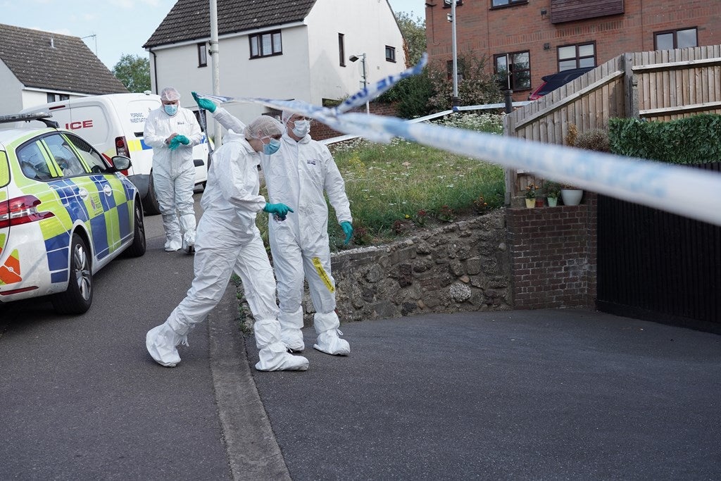 Police attend an address near Chelmsford after the arrest of a woman - who has now been charged with killing two people in their 70s