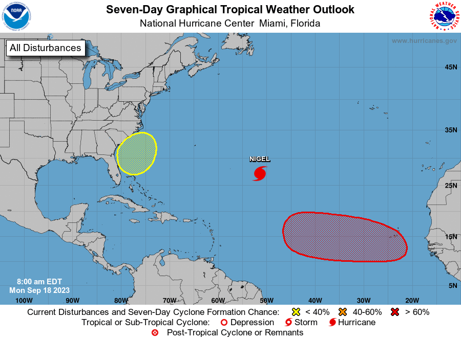 Systems in the Atlantic Ocean as of 18 September show Hurricane Nigel as well as two areas of disturbances