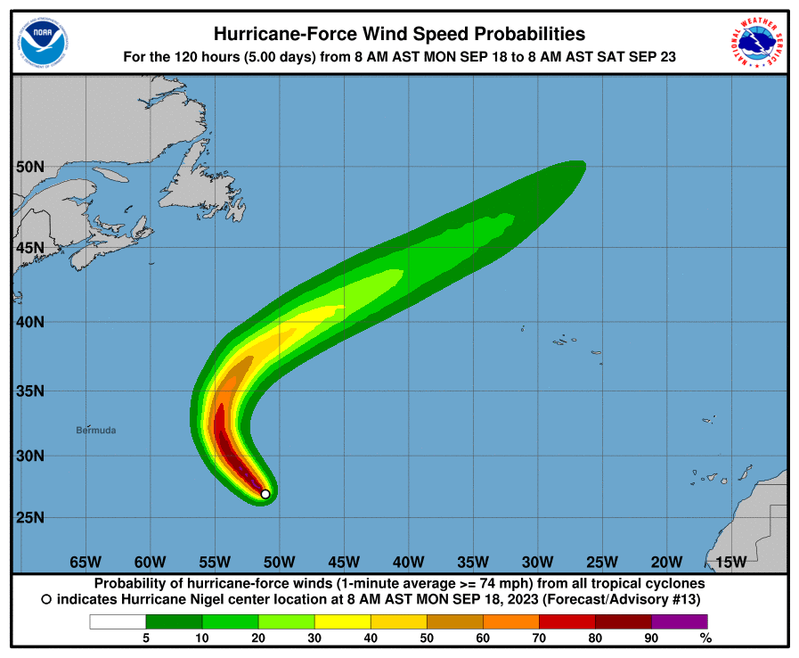 The National Hurricane Center’s hurricane wind speed possibility outlook as of 18 September