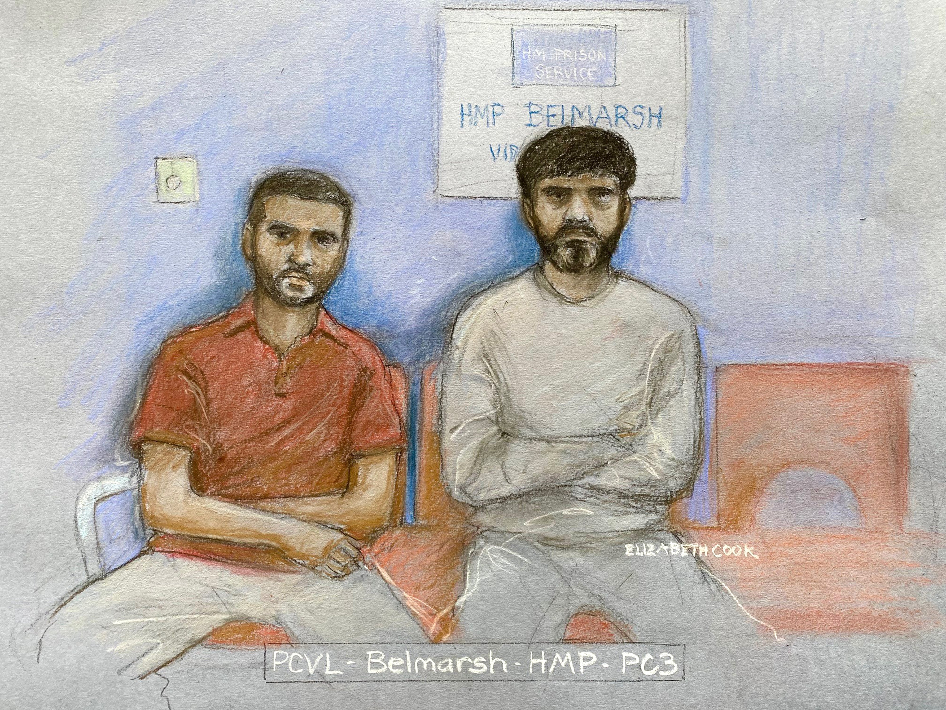 Court artist sketch of Sharif’s father Urfan (right) and her uncle Faisal Malik, appearing via video-link