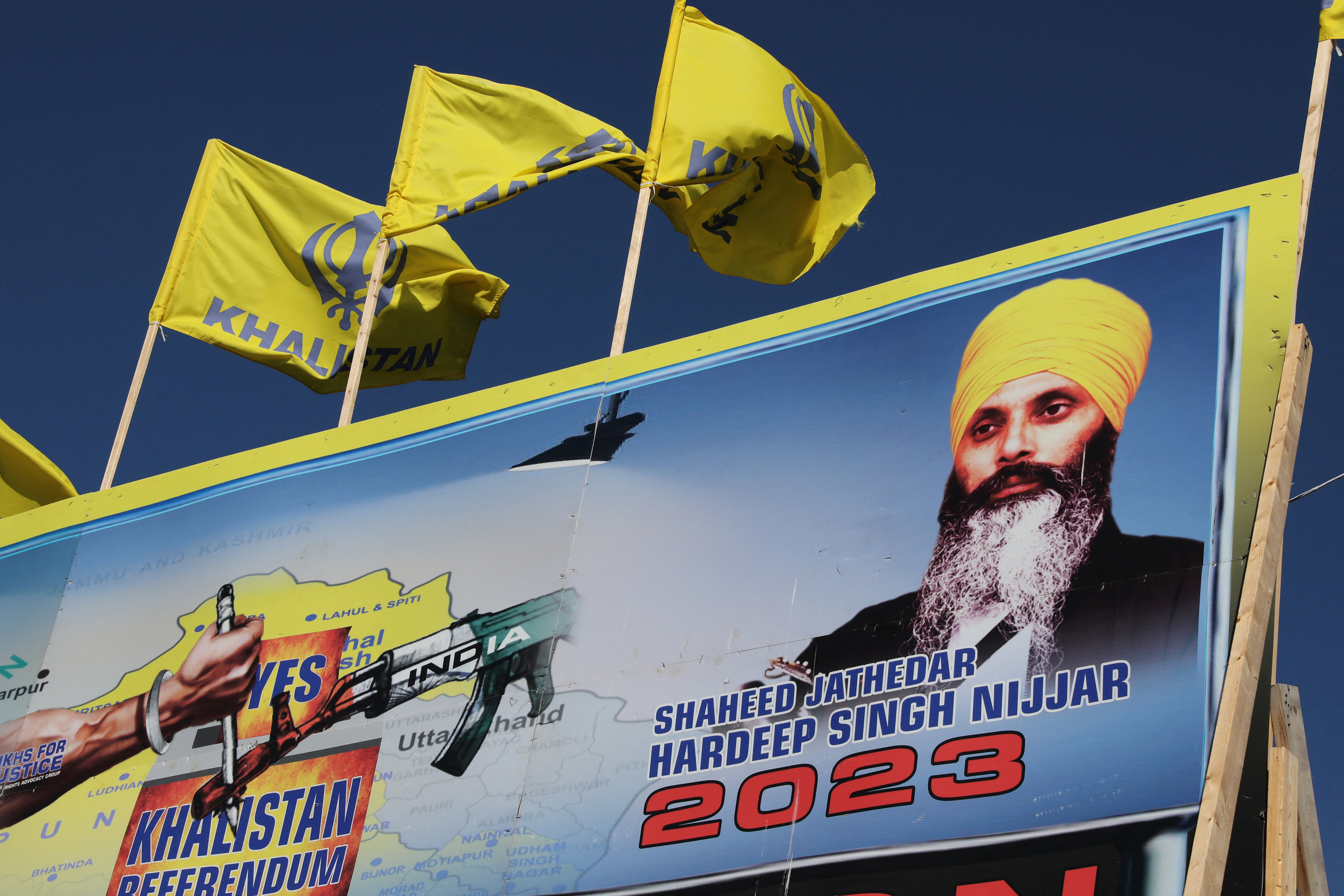 A mural features the image of late Sikh leader Hardeep Singh Nijjar who was slain on the grounds of the Guru Nanak Sikh Gurdwara temple in June 2023 in Surrey