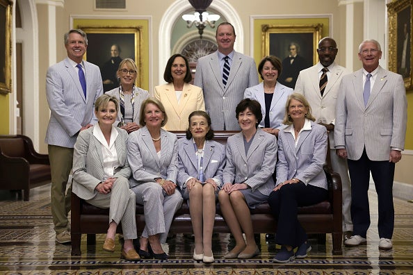 Senators, including Susan Collins, dress in seersucker to mark National Seersucker Day on 8 June 2022