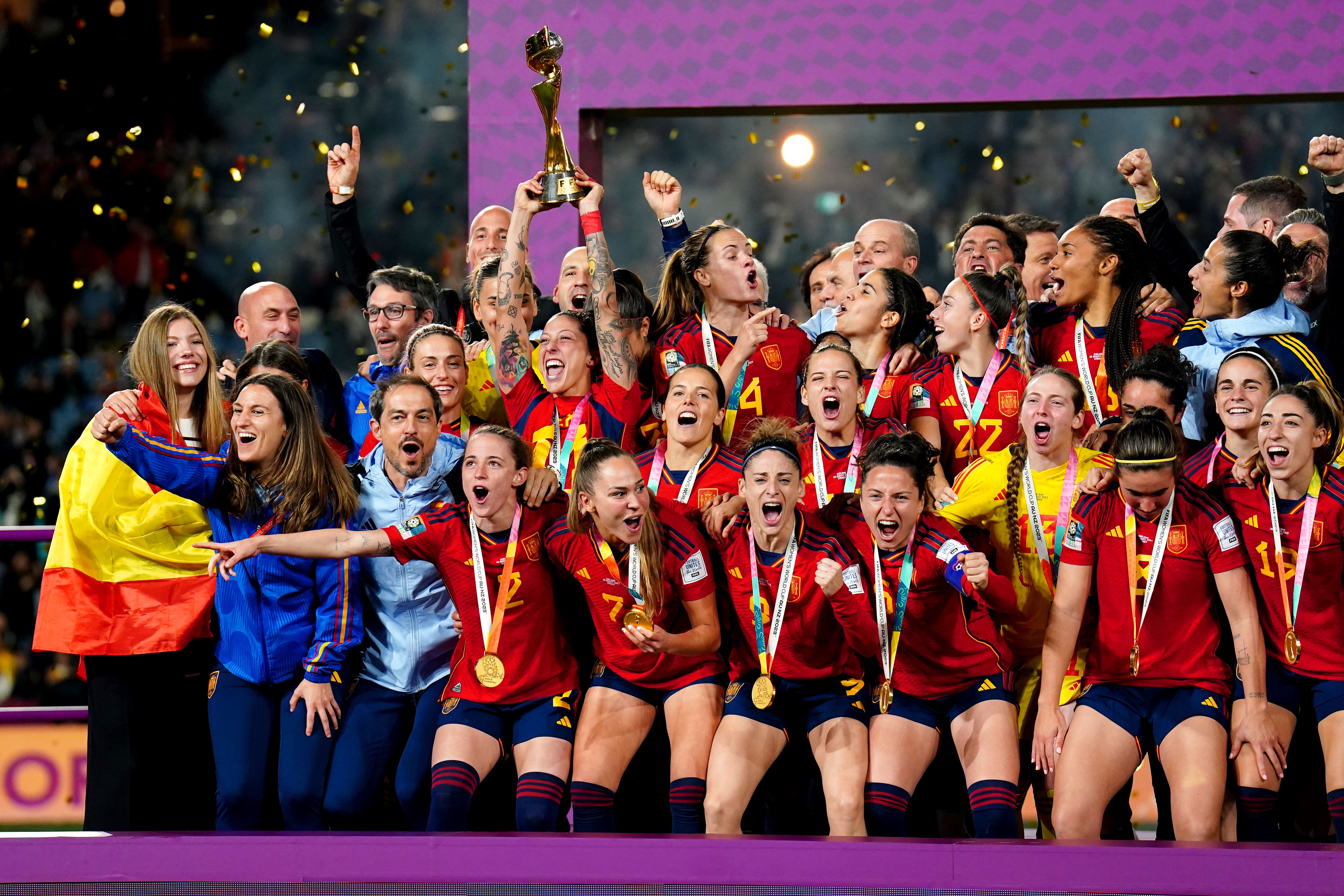 Spain players celebrate after winning the Women’s World Cup (Zac Goodwin/PA)