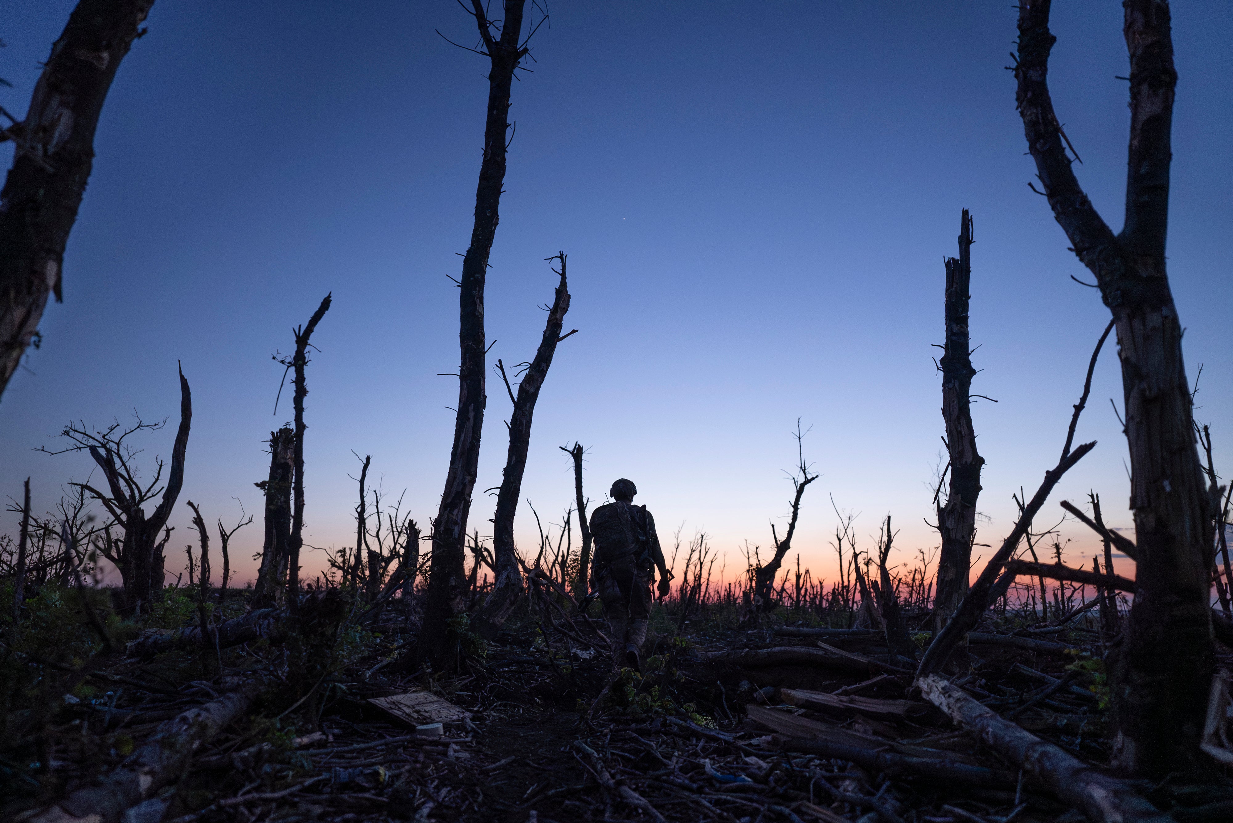 Ukrainian servicemen walk through a charred forest at the frontline a few kilometers from Andriivka