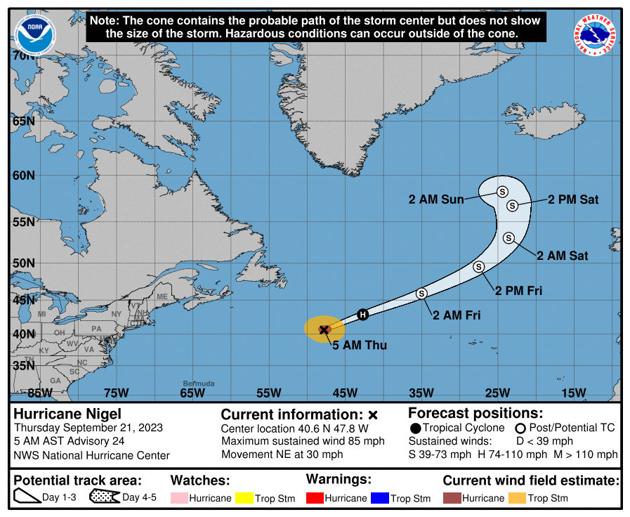 The latest predicted path of Hurricane Nigel