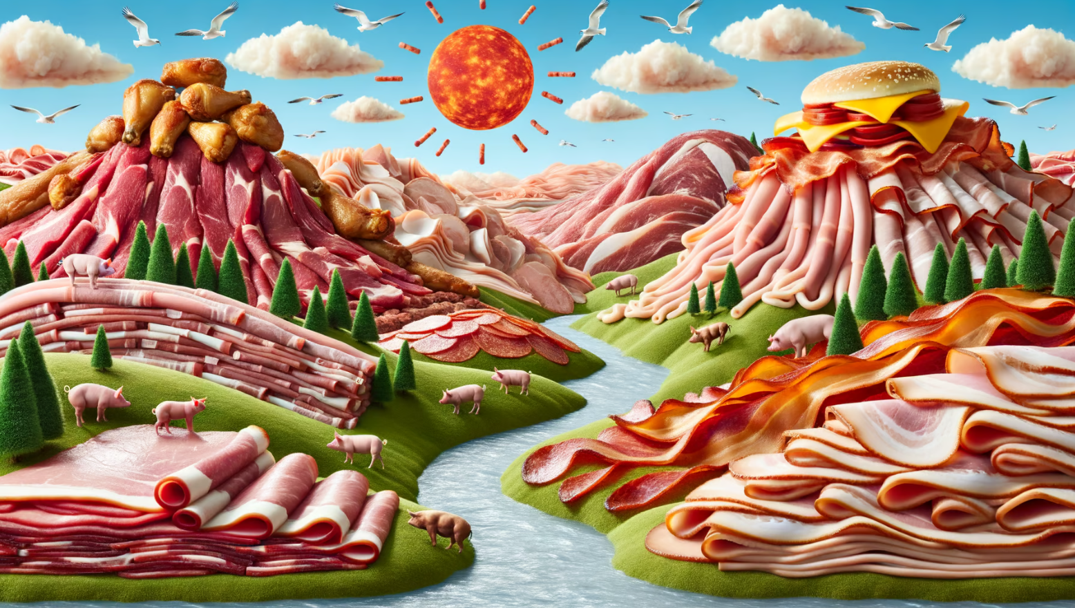 A picture generated using DALL-E 3 using a prompt that begins, ‘A vast landscape made entirely of various meats'