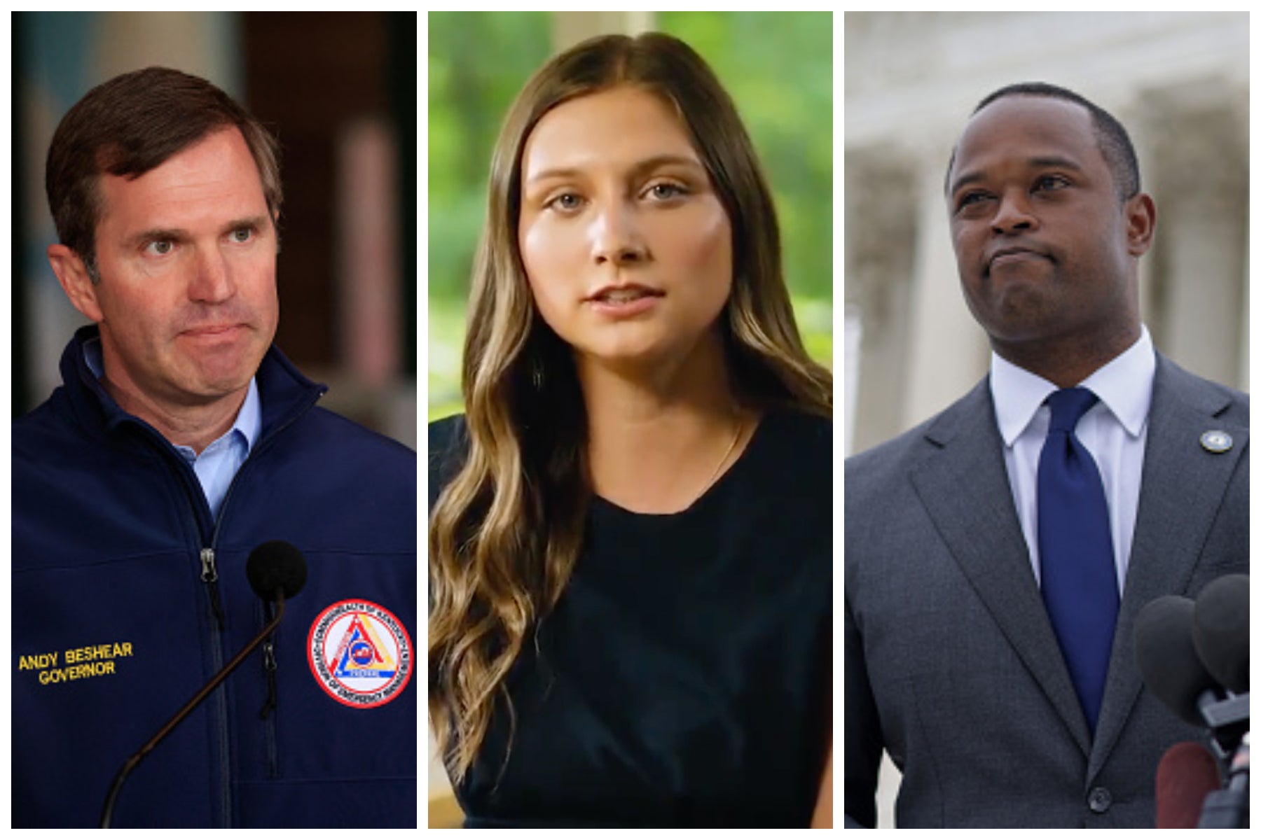 Andy Beshear (left) shared a young girl’s harrowing story of surviving sexual abuse (center) to call out his opponent Daniel Cameron’s (right) stance on abortion