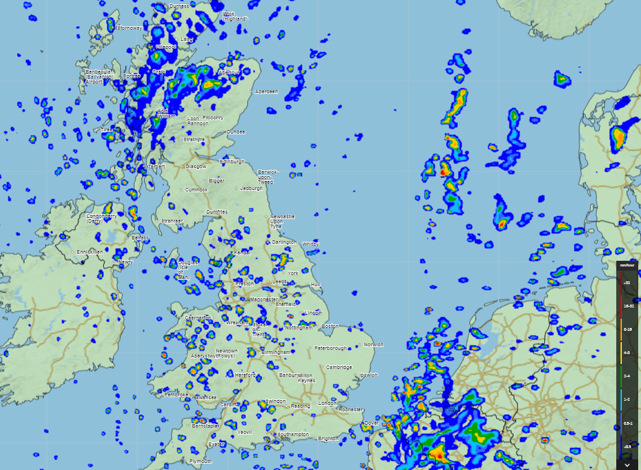 Rainfall predicted to move across from the north east to the south east