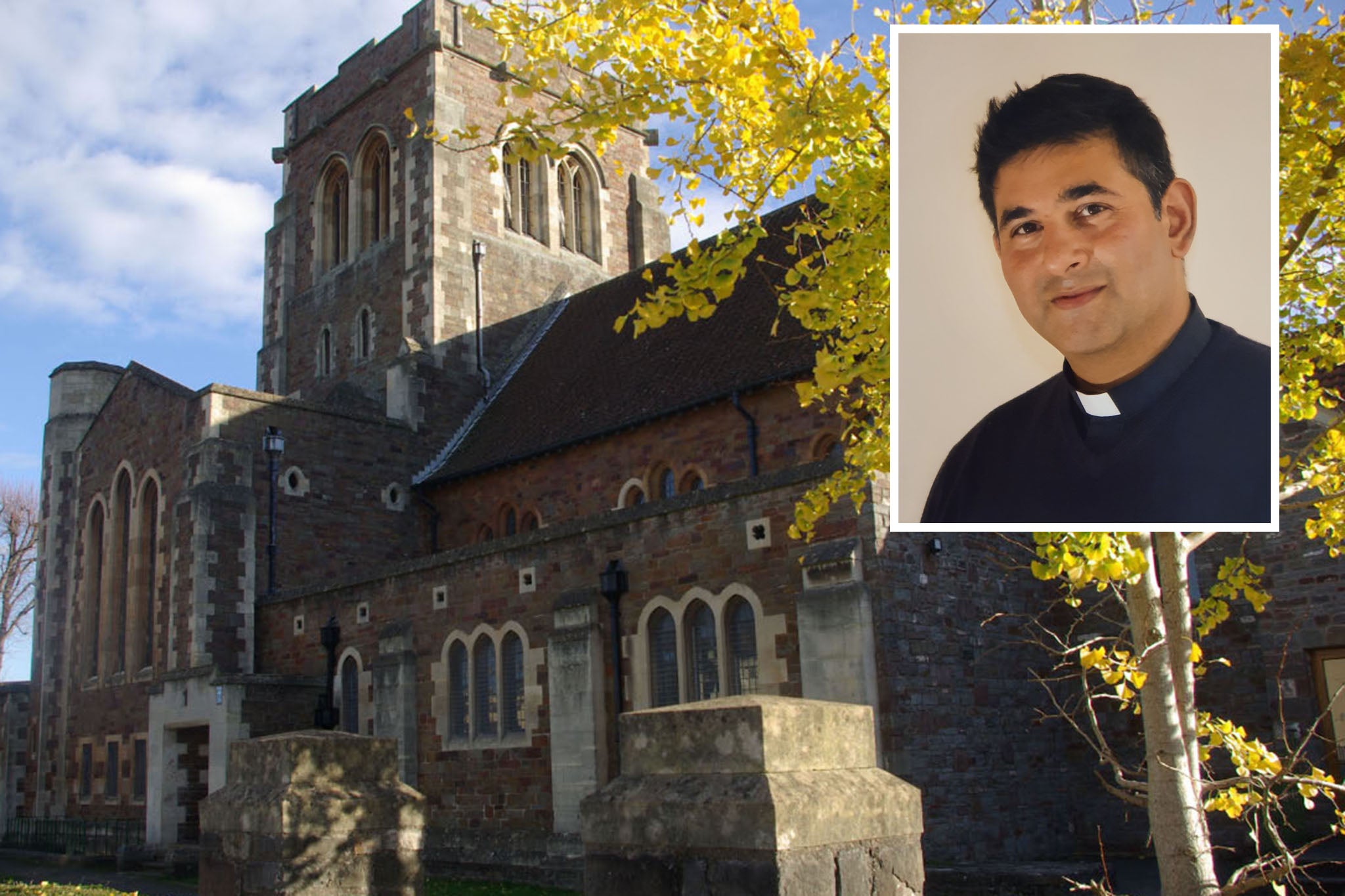 Reverend Alwyn Pereira, inset, with St Edyth’s Church, Sea Mills