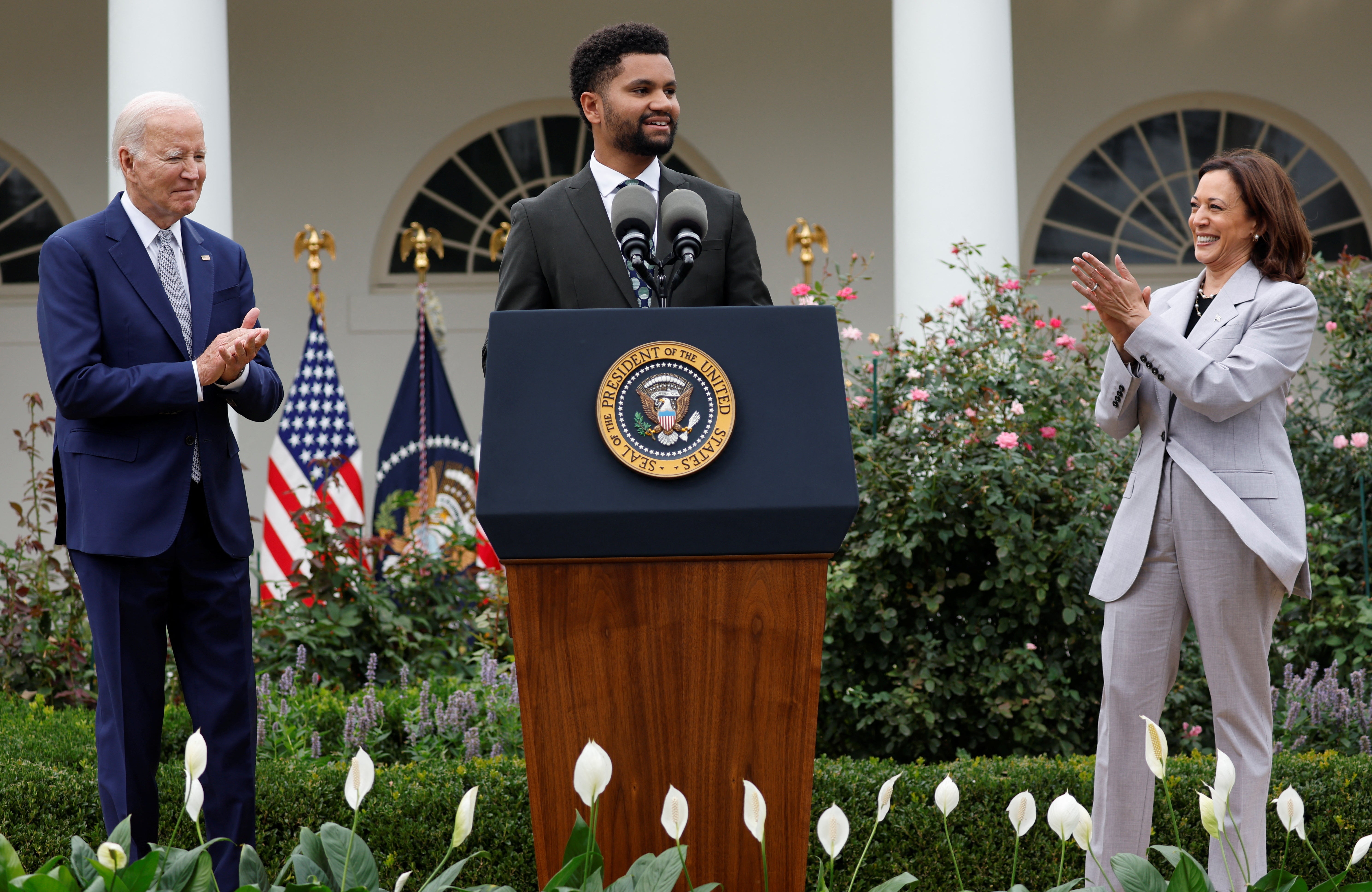 US Rep Maxwell Frost speaks at the White House Rose Garden to introduce a White House Office of Gun Violence Prevention on 22 September