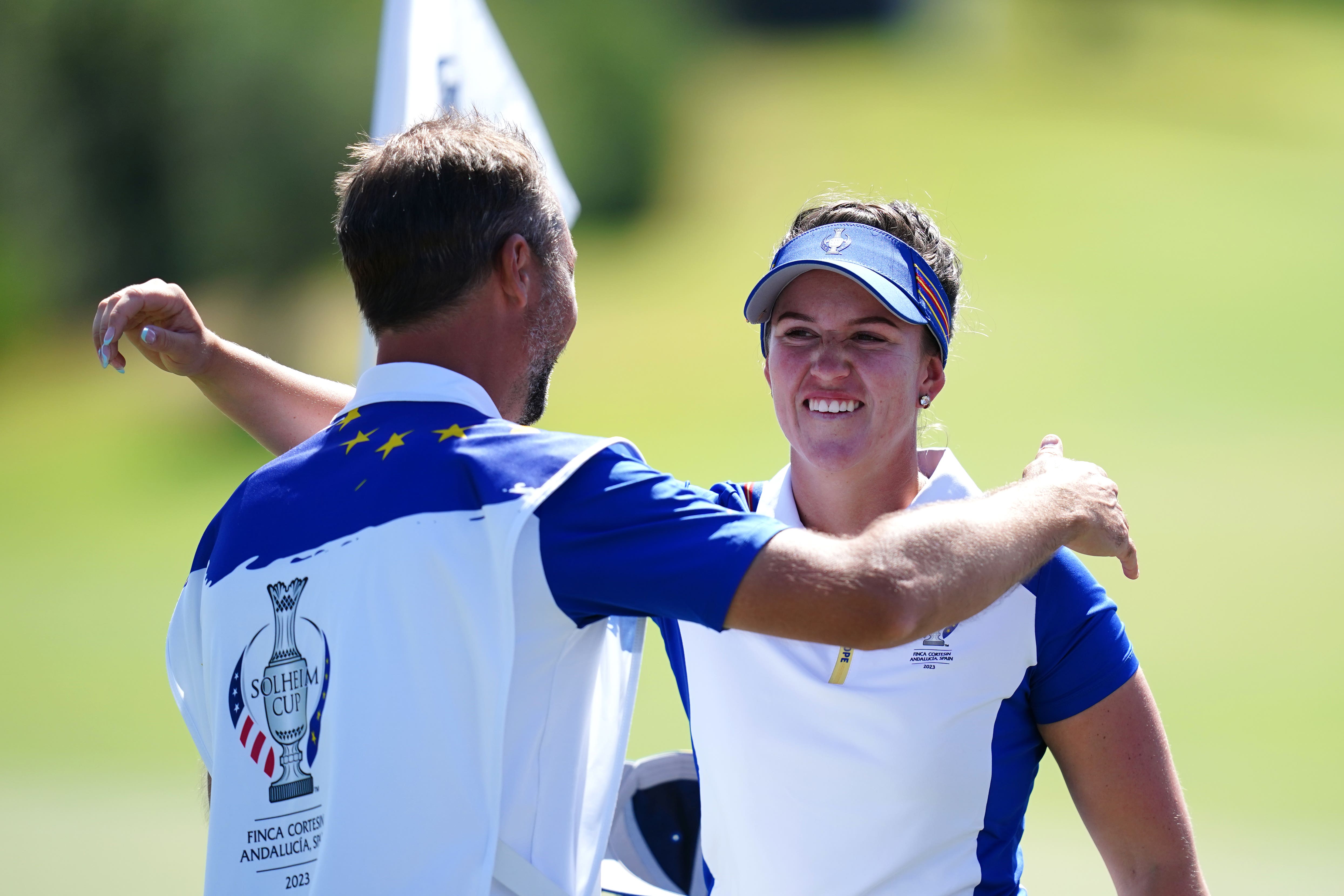 Europe’s Linn Grant celebrates with her caddie after winning her foursomes match with Maja Stark on day two of the 2023 Solheim Cup (John Walton/PA)