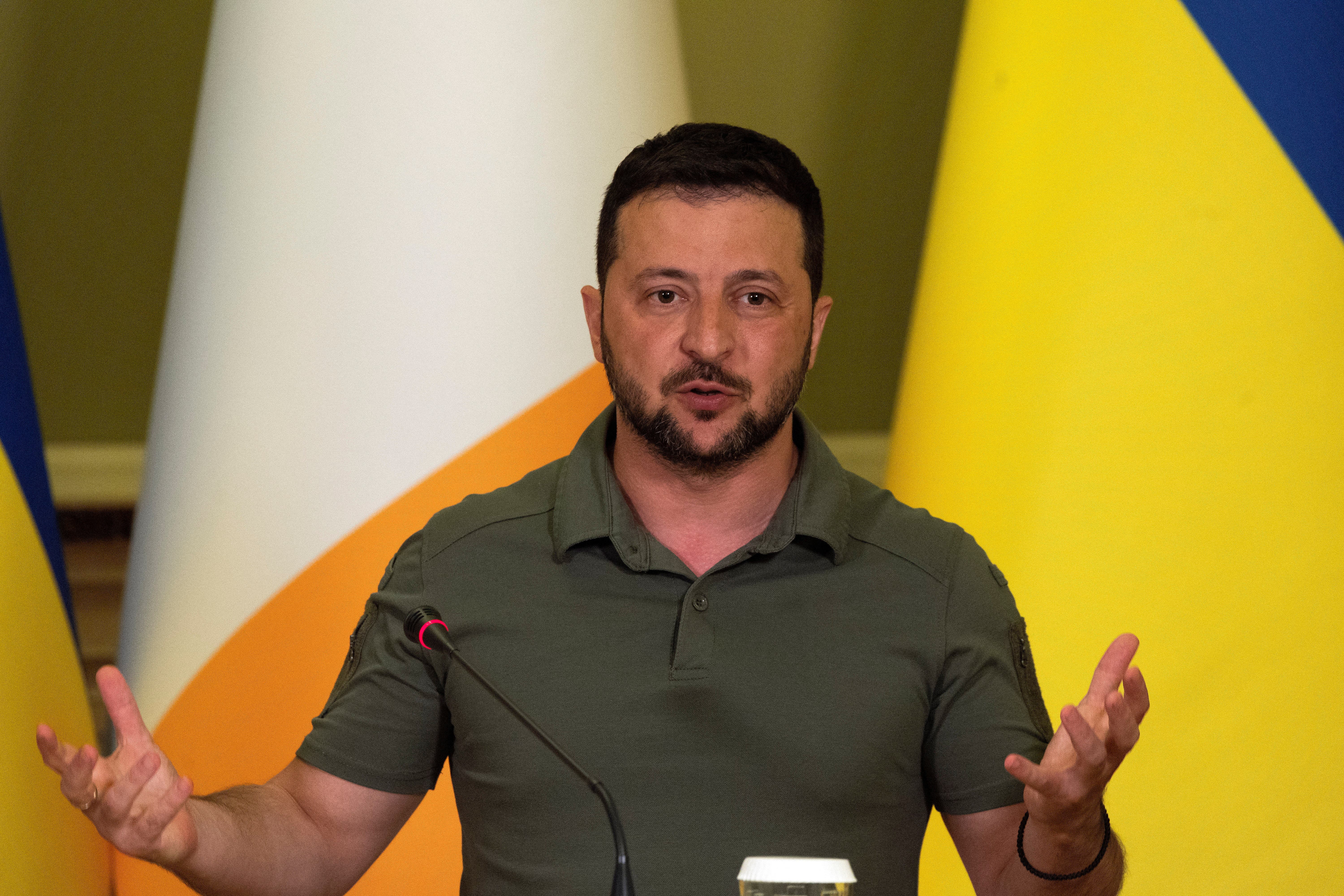 Ukraine’s President Volodymyr Zelensky speaks during a joint news briefing with Taoiseach Leo Varadkar (Clodagh Kilcoyne/PA)