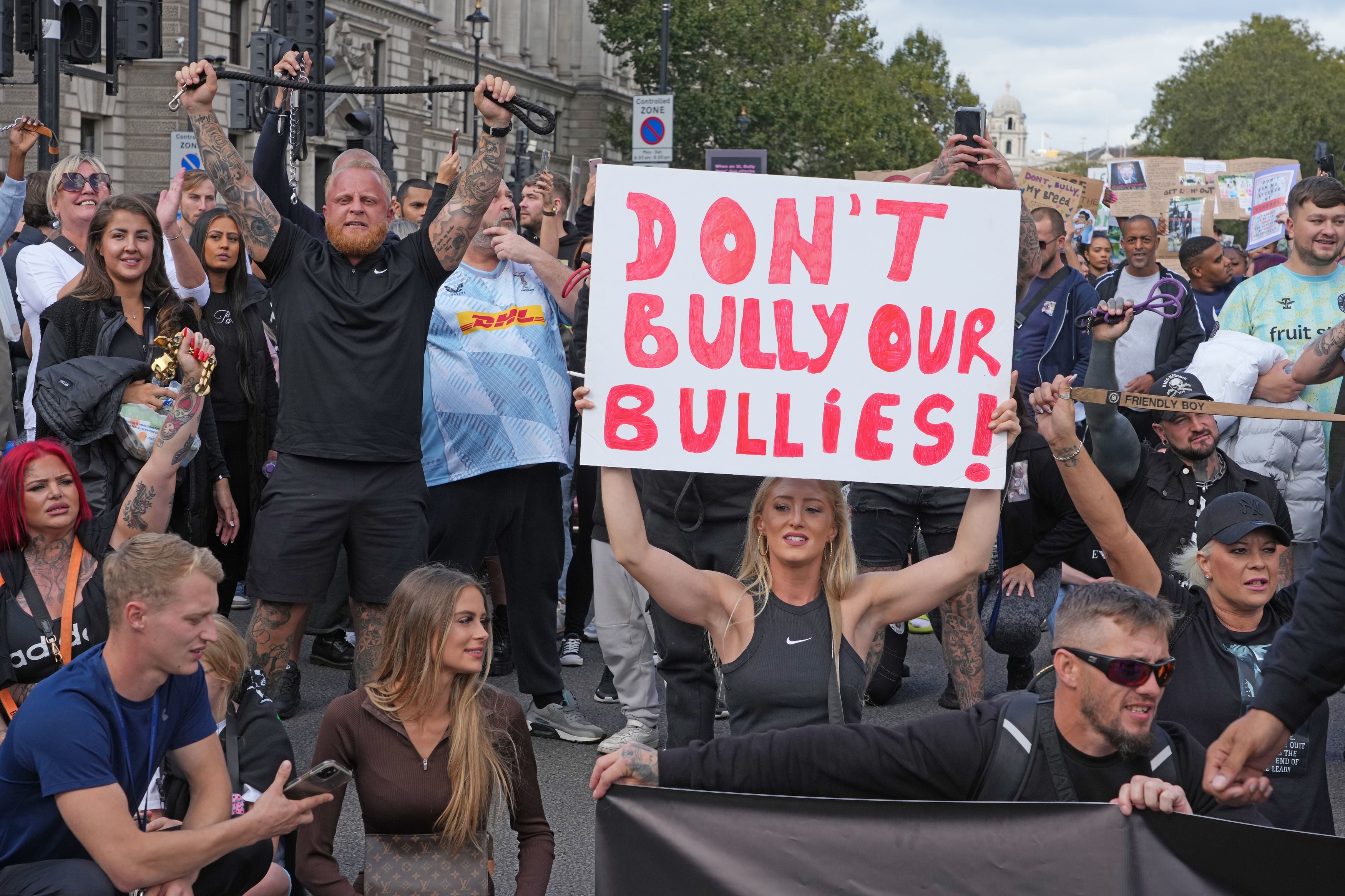 People take part in a protest in central London, against the Government's decision to add XL bully dogs to the list of prohibited breeds under the Dangerous Dogs Act