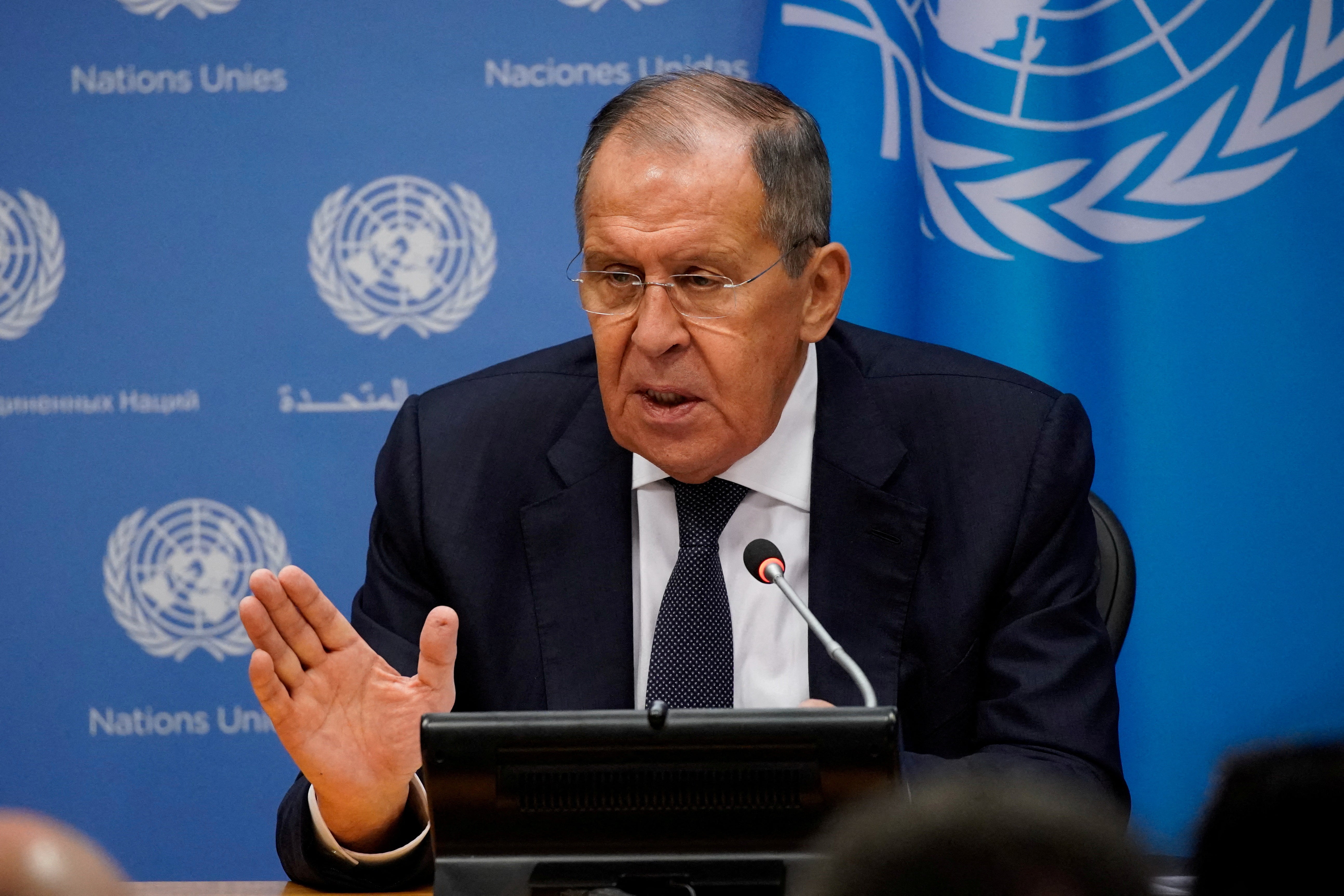 Russia's Foreign Minister Sergei Lavrov attends a press conference after addressing the 78th Session of the UN General Assembly in New York