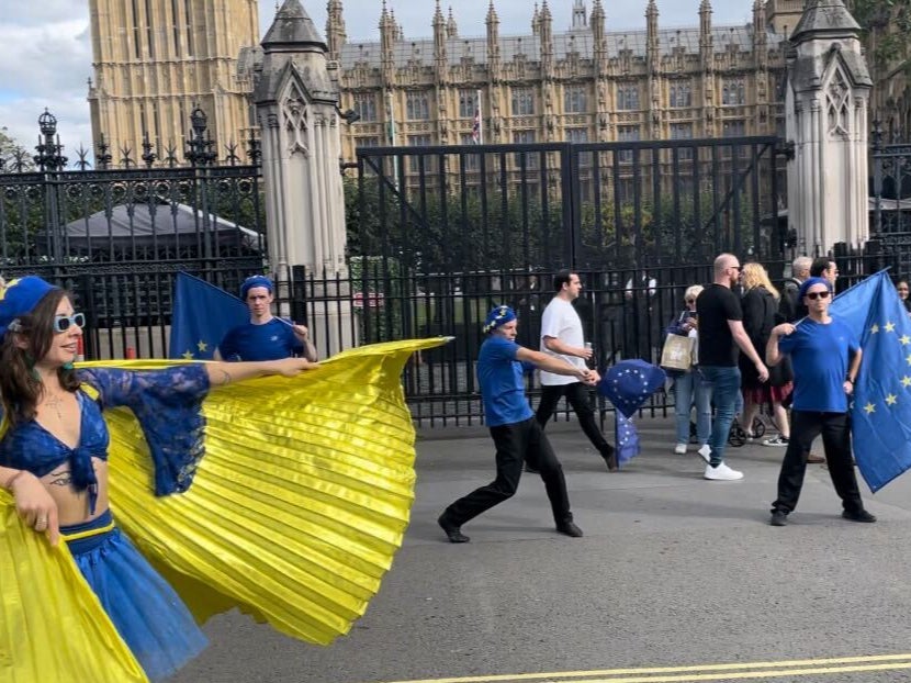 Centre stage: Dance Europa let their hair down outside Parliament