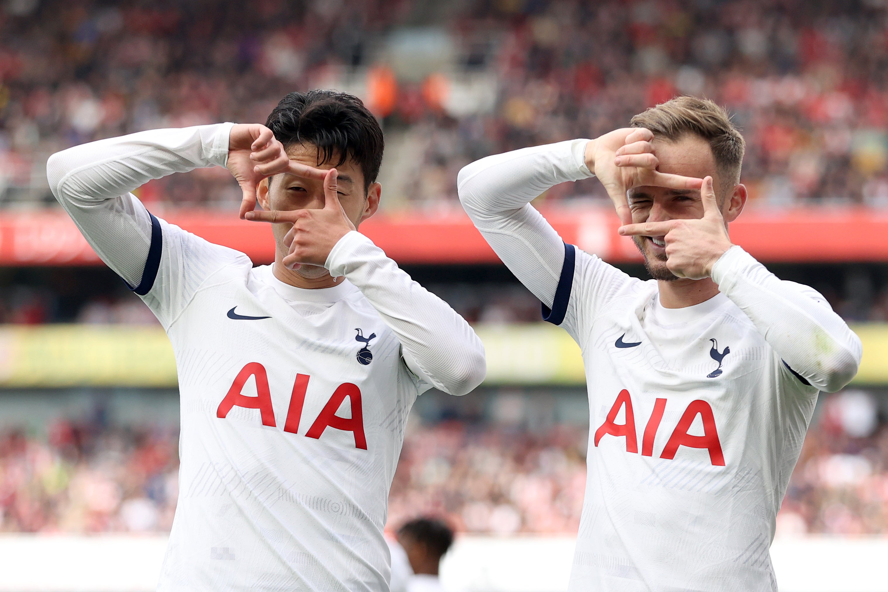 Son and Maddison celebrate finishing a Spurs counterattack