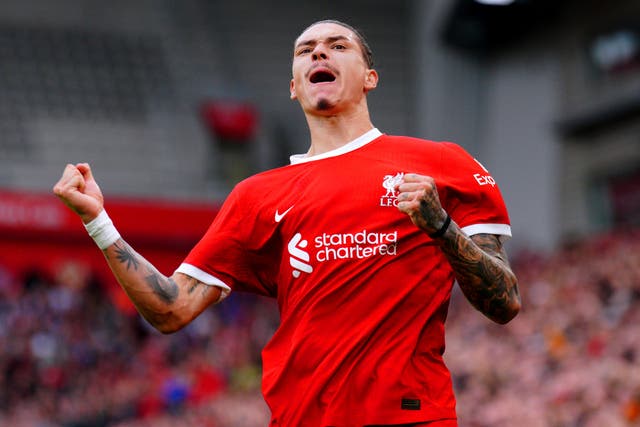 <p>Darwin Nunez celebrates scoring Liverpool’s second goal against West Ham (Peter Byrne/PA)</p>