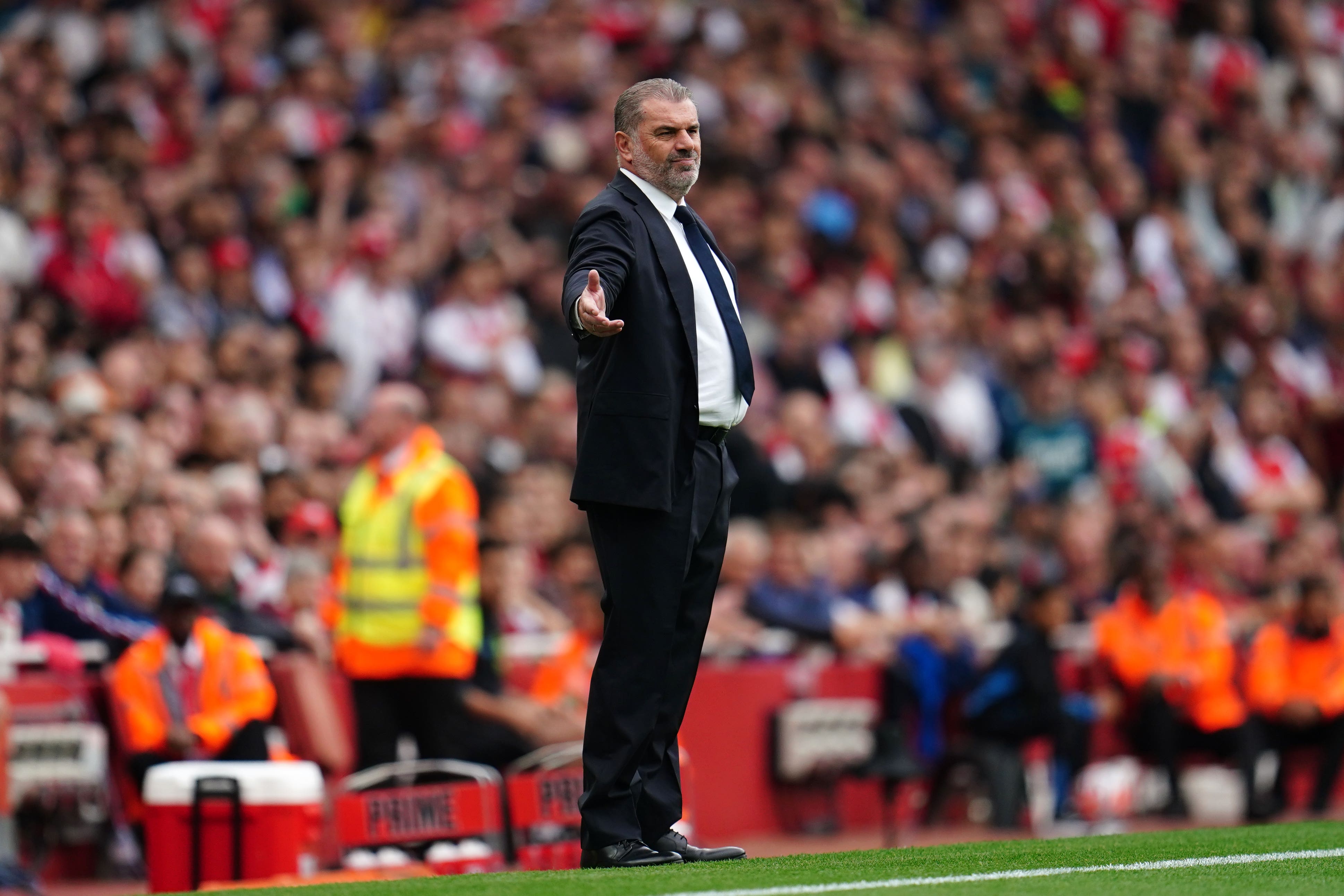 Ange Postecoglou gestures during Tottenham’s 2-2 draw at Arsenal (Nick Potts/PA)