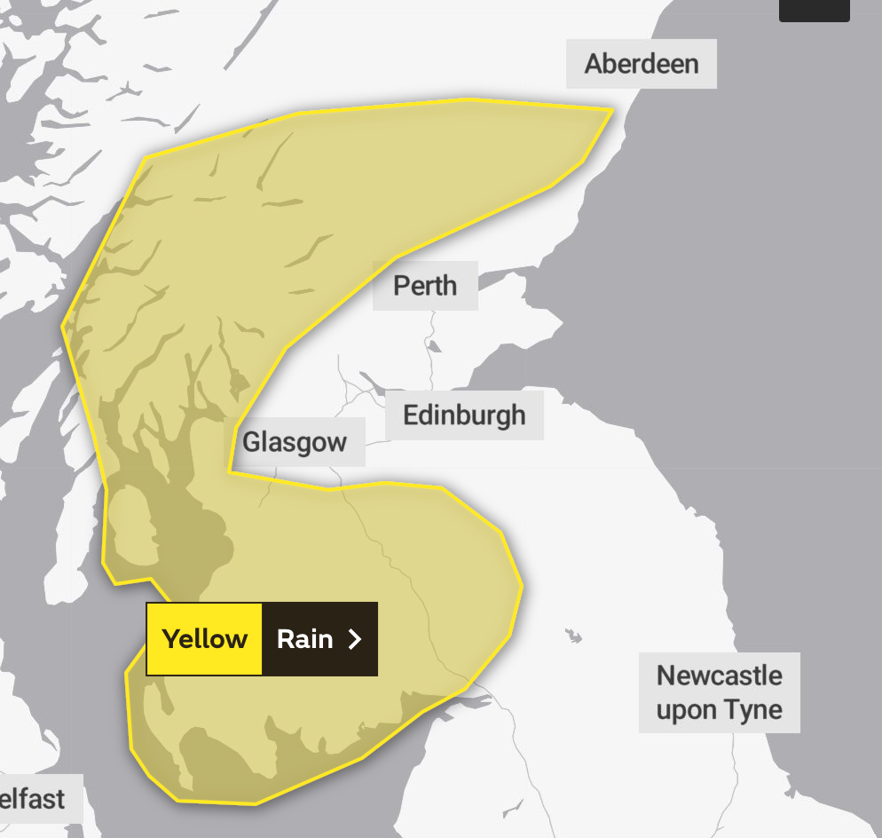 A yellow warning for rain was in place from 1pm to midnight on Sunday