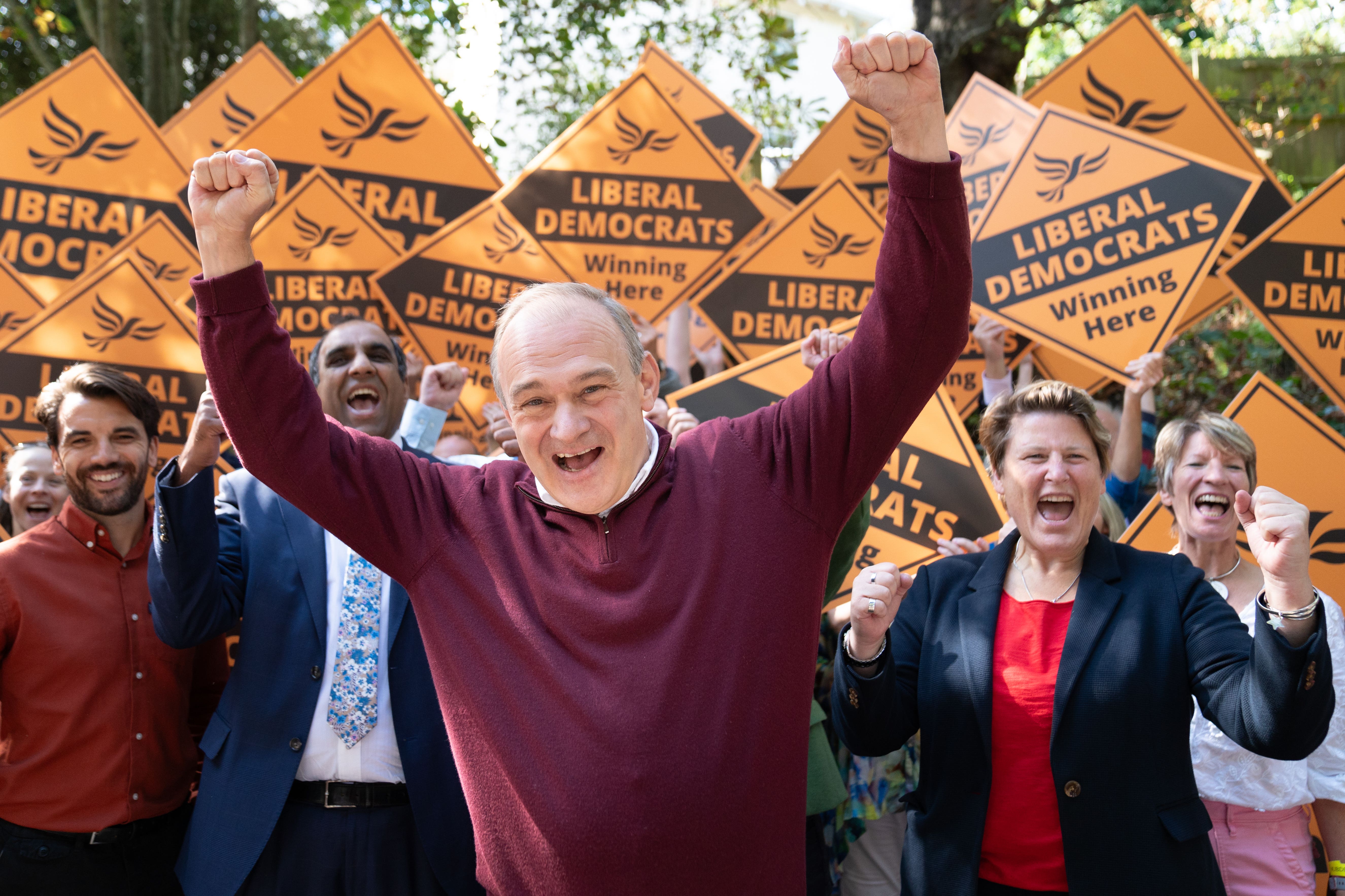 LibDem leader Sir Ed Davey alongside MPs and key candidates as they arrive for the Liberal Democrat conference at the Bournemouth Conference Centre (Stefan Rousseau/PA)