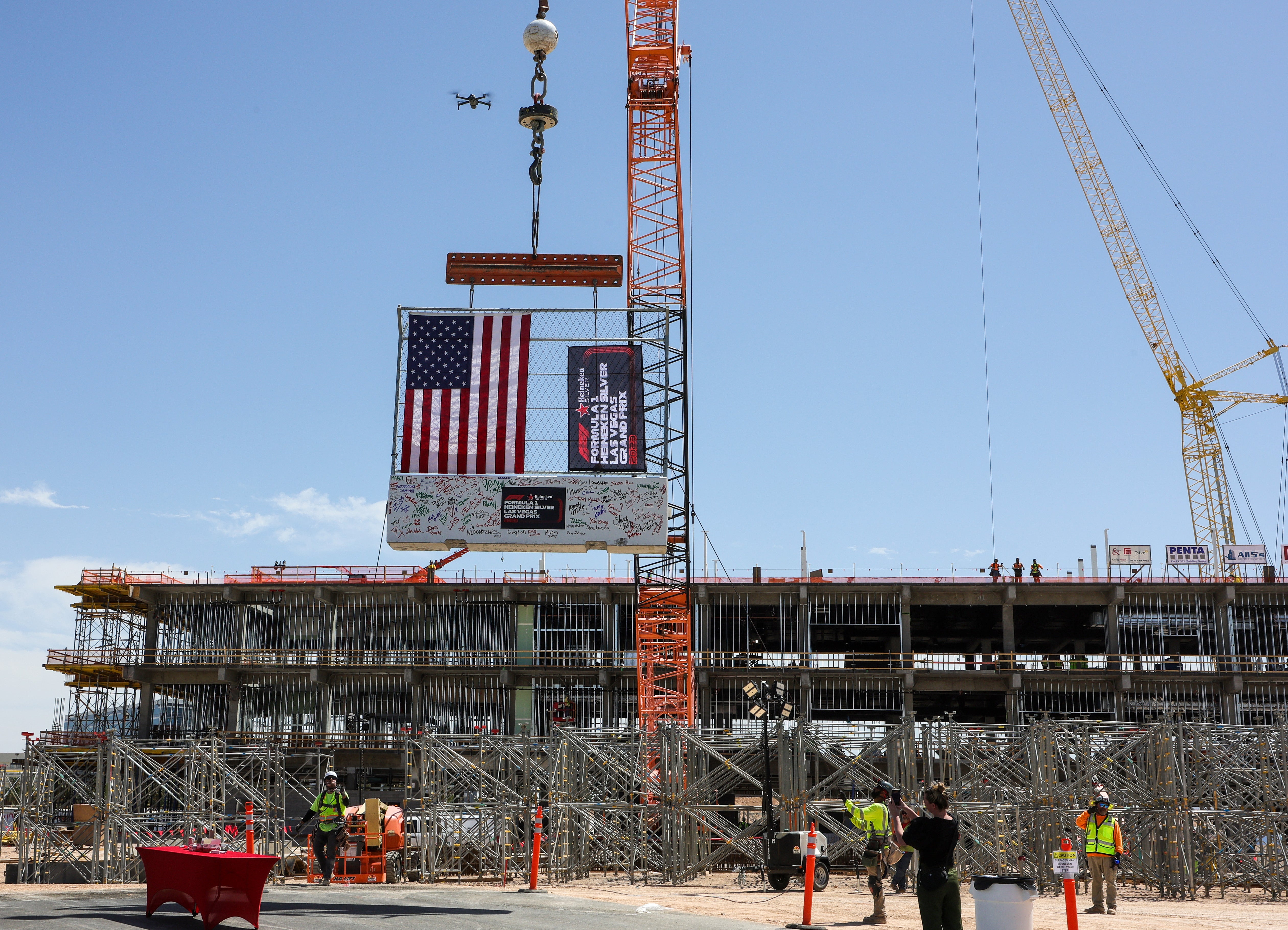 A man has died working on construction ahead of the Las Vegas Grand Prix (pictured: paddock building site)