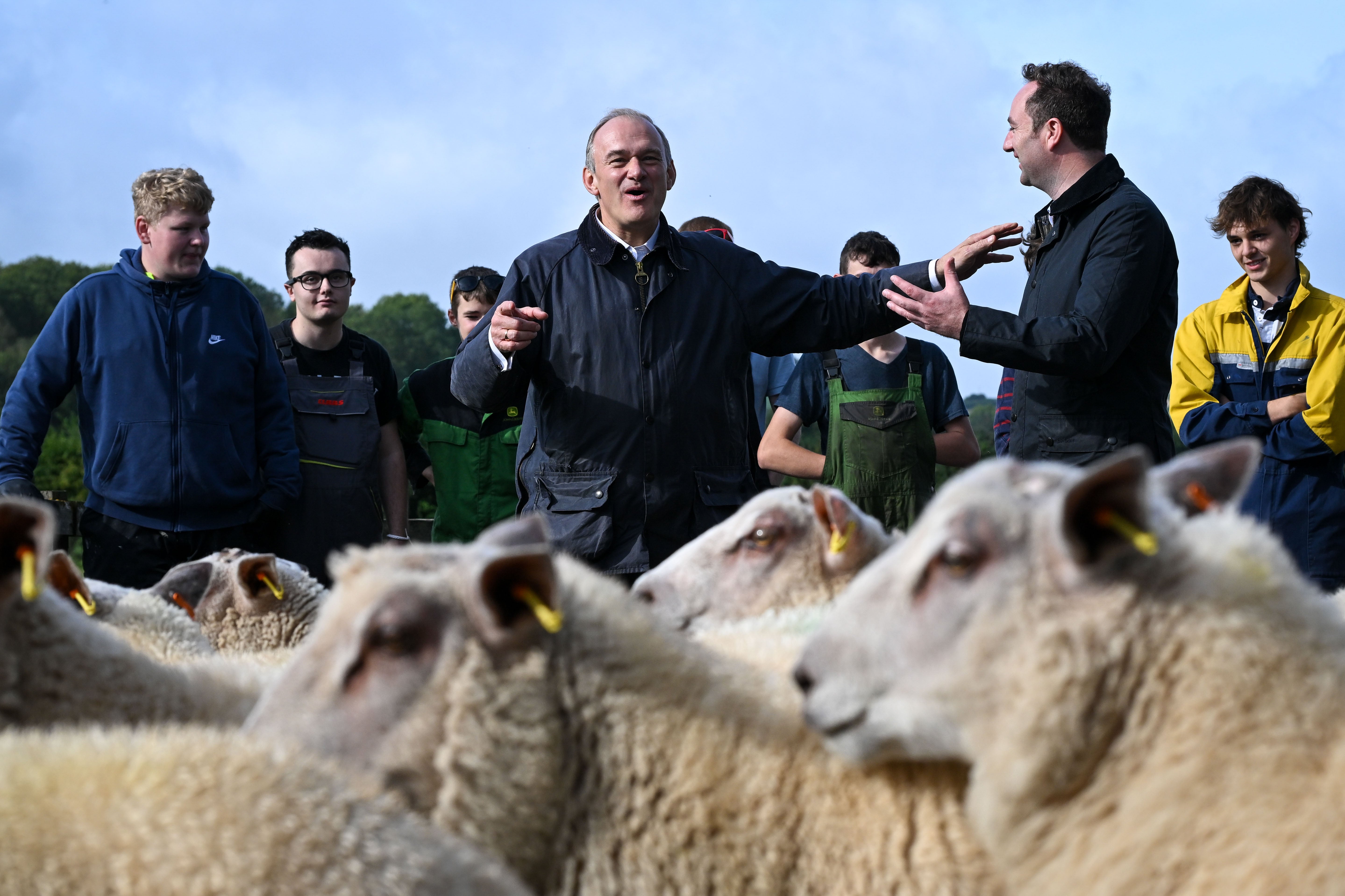 Ed Davey visits Sparsholt College, Hampshire, on Monday with the party’s candidate for Winchester, local vet Danny Chambers