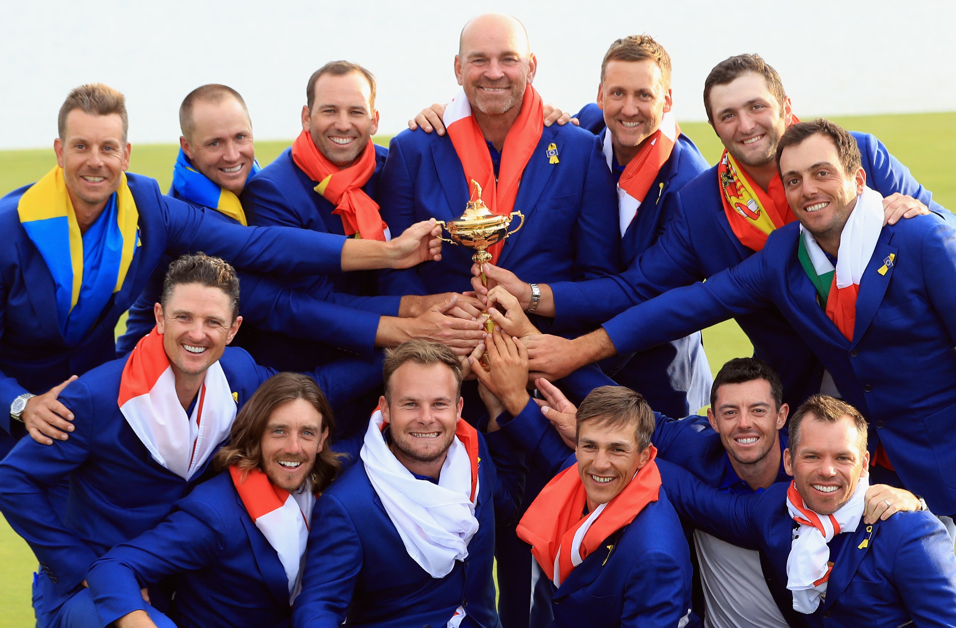 Captain Thomas Bjorn celebrates winning the Ryder Cup with Europe in 2018