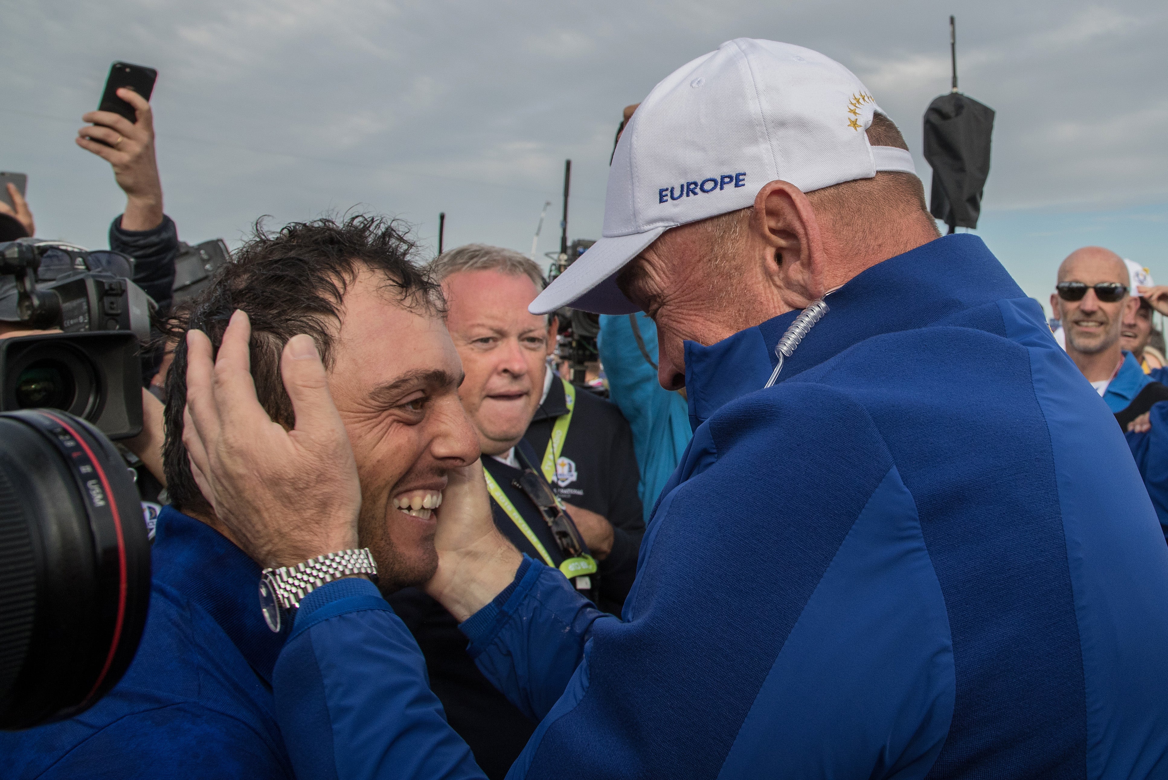 Bjorn hugs Francesco Molinari as he secures the winning point at Le Golf National in 2018