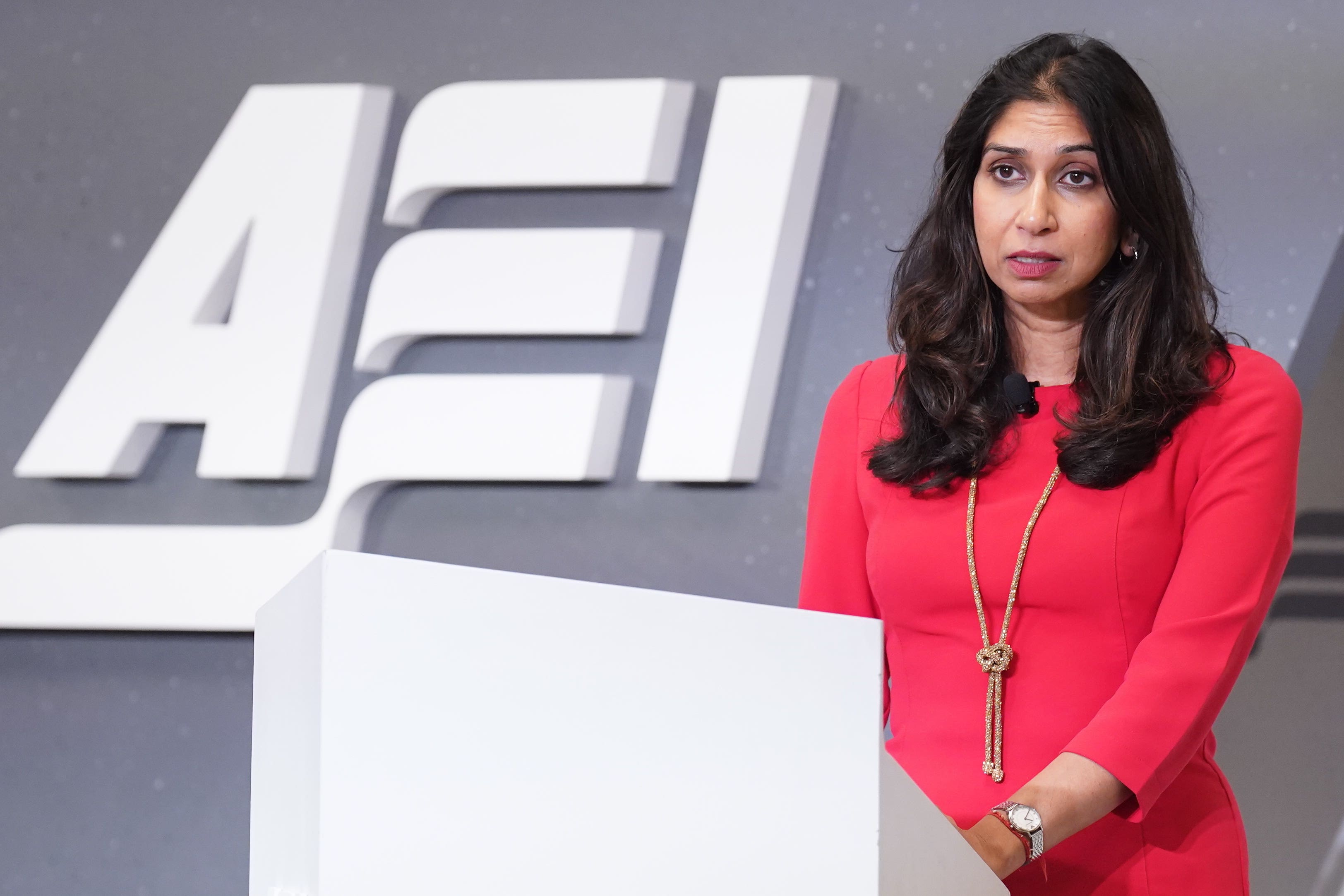 Suella Braverman delivers a keynote address on global migration challenges at the American Enterprise Institute (Stefan Rousseau/PA)