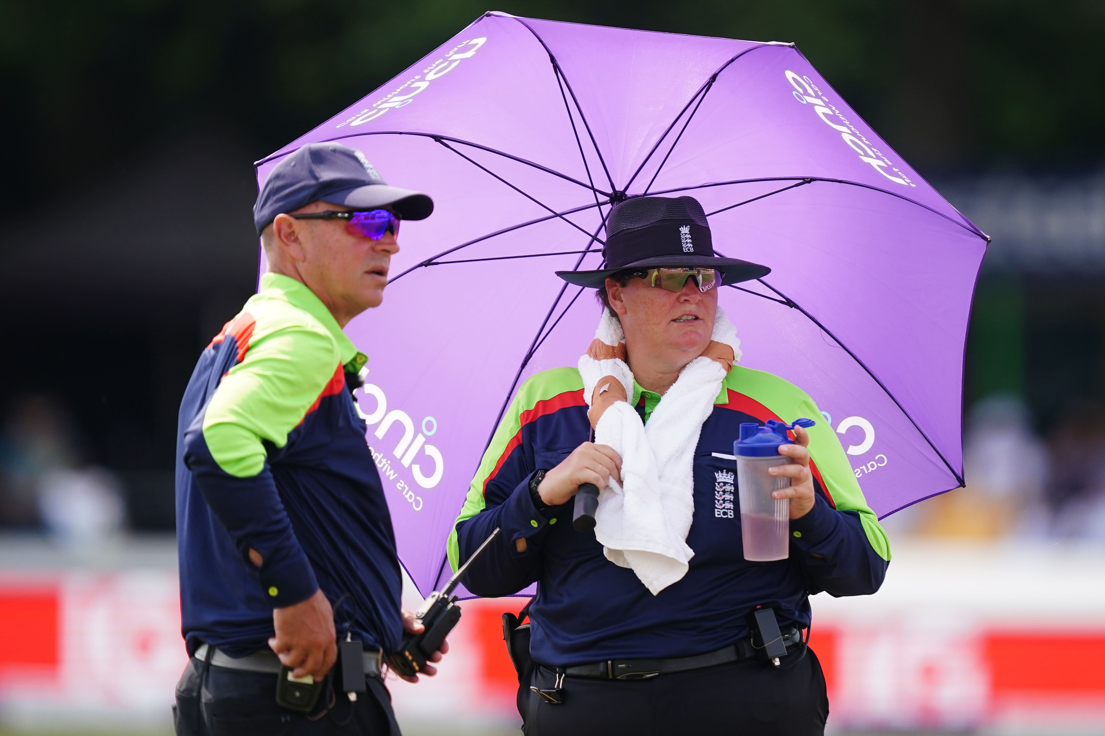 Sue Redfern, right, made history when she joined Graham Lloyd in the middle for Glamorgan’s clash with Derbyshire (Mike Egerton/PA)