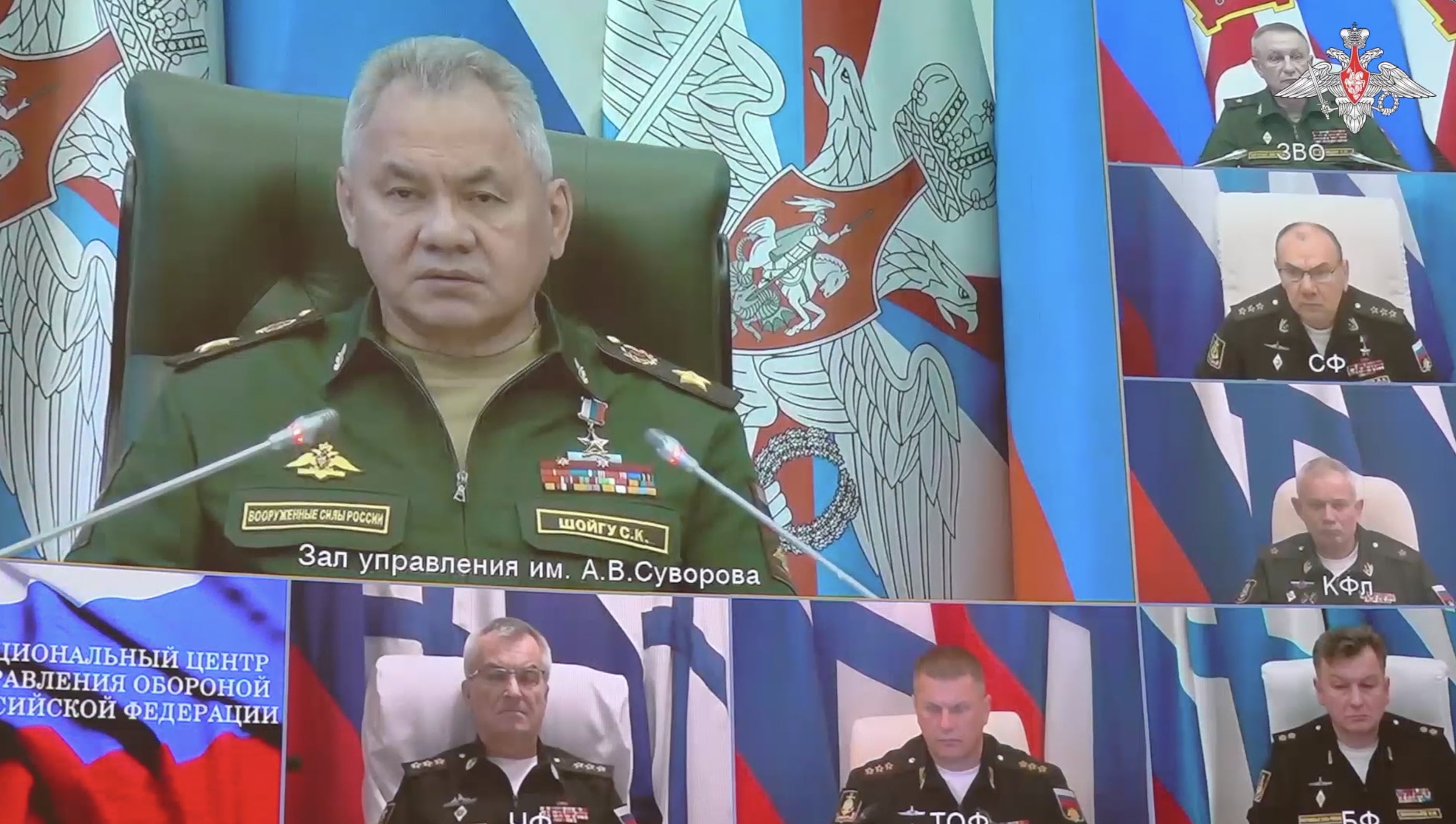 Commander of the Russian Black Sea fleet Viktor Sokolov (bottom left), who was claimed to be killed in a September 22 strike, appears on screen in a meeting in Moscow