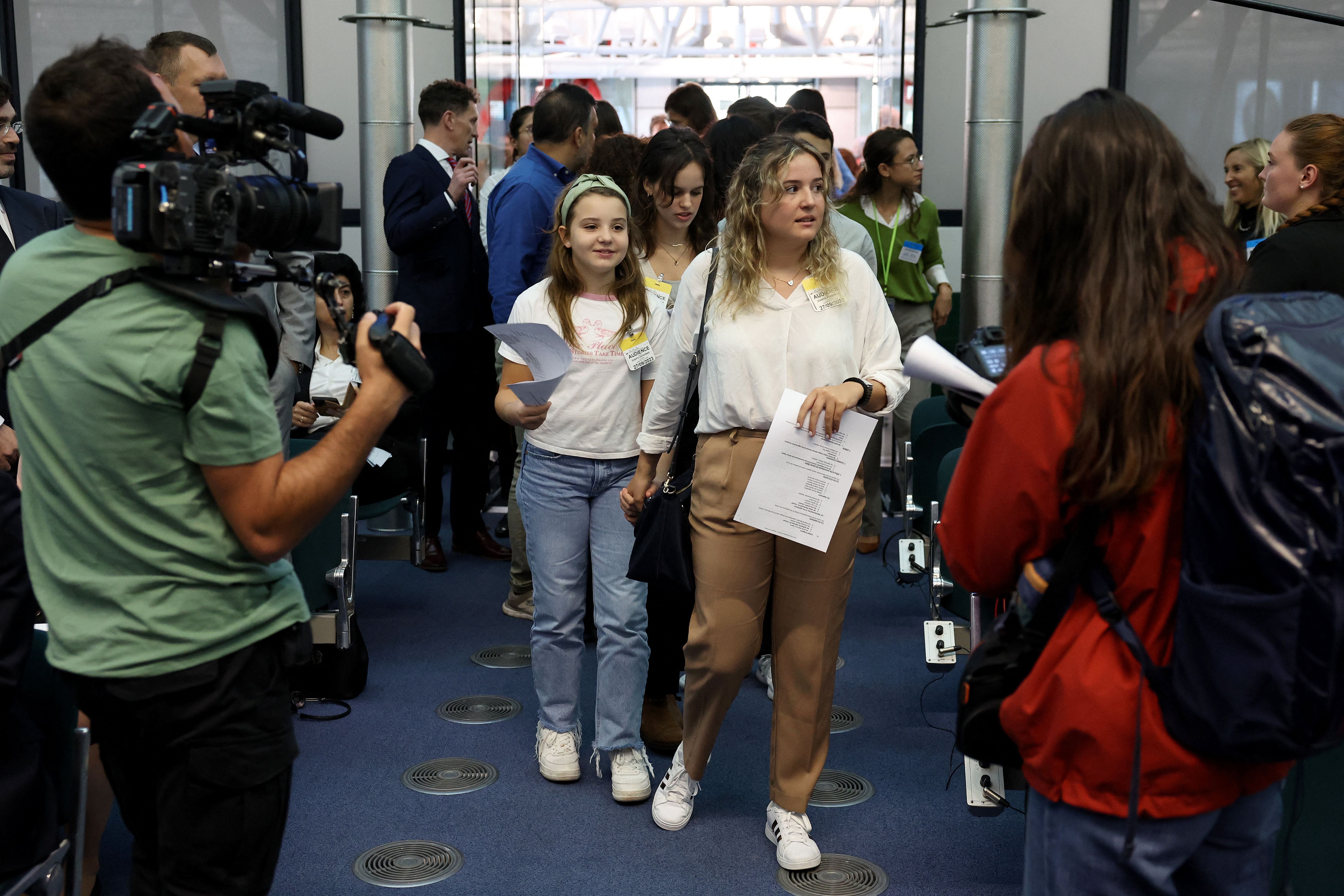 Young Portuguese citizens (centre) arrive at the European Court of Human Rights (ECHR) for a hearing in a climate change case involving themselves against 32 countries, in Strasbourg, eastern France