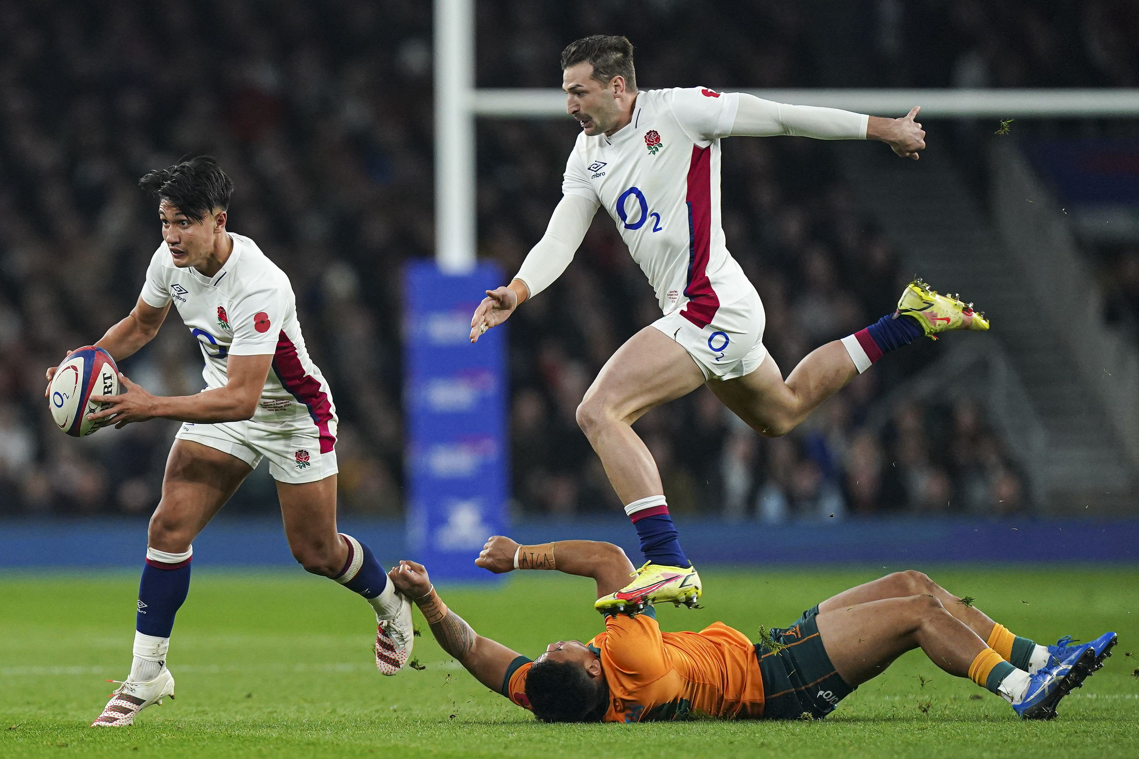 Jonny May (right) has been impressed by Marcus Smith’s physical improvement (Mike Egerton/PA)