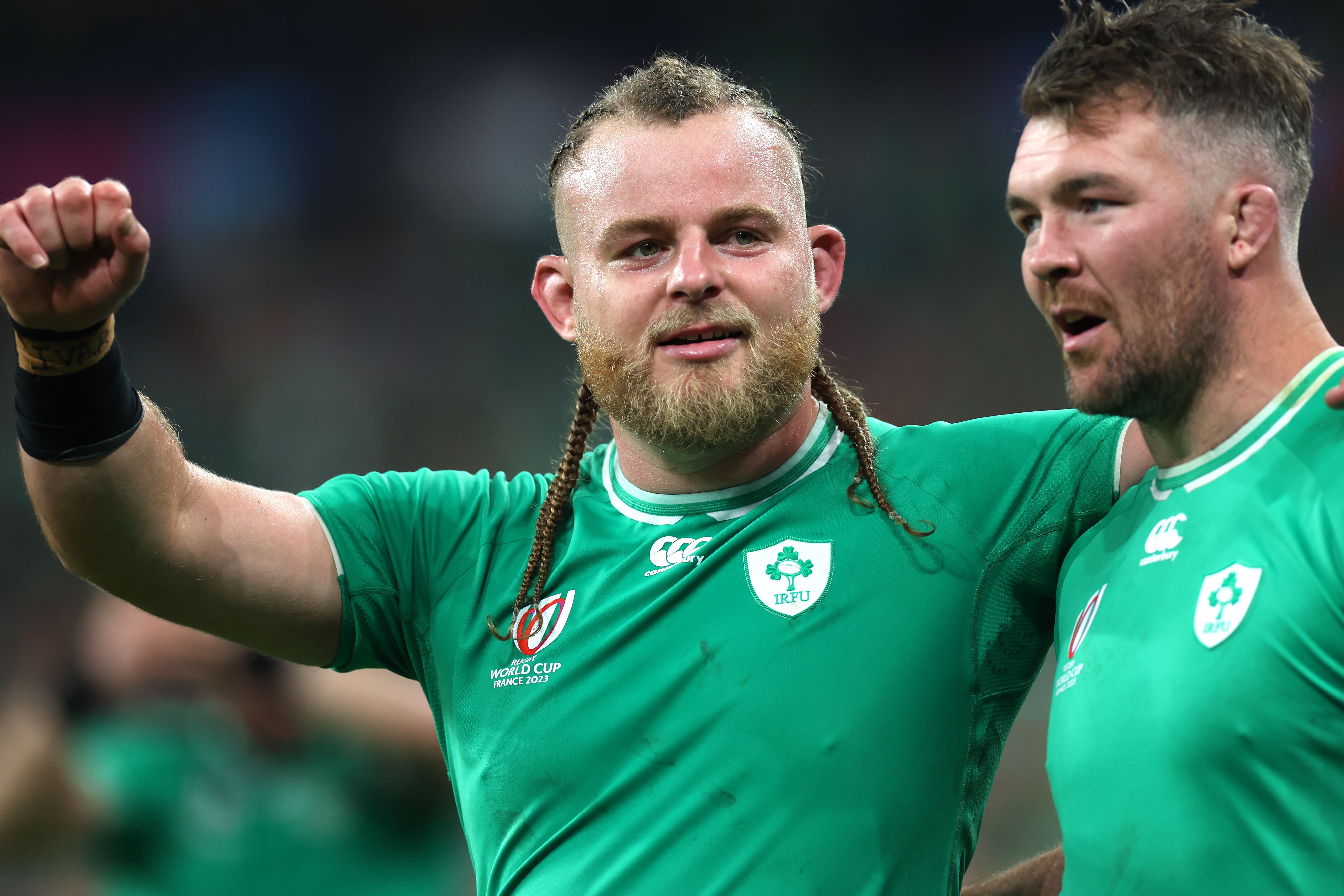 Finlay Bealham, left, celebrates Ireland’s win over South Africa with Peter O’Mahony (Bradley Collyer/PA)