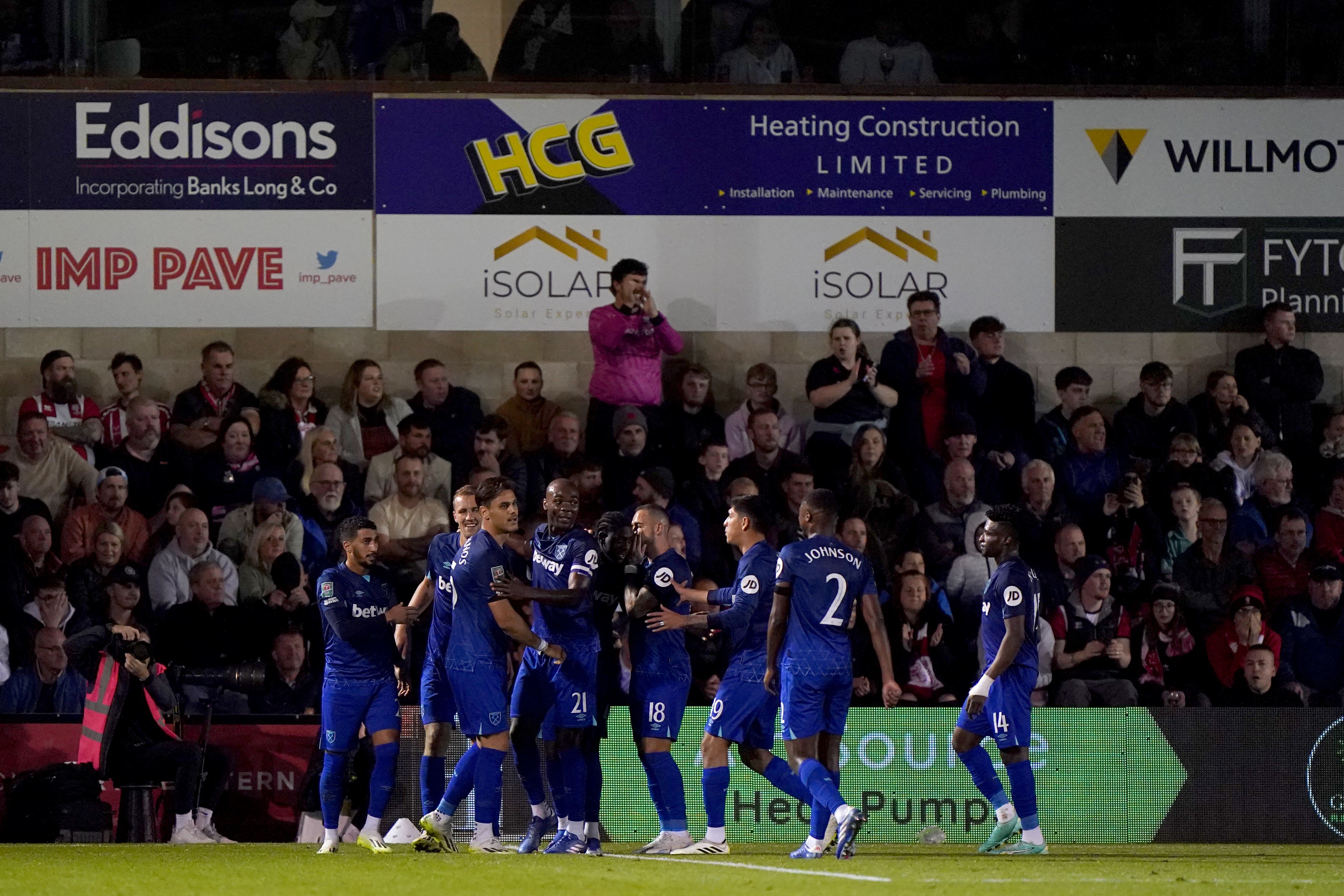 Tomas Soucek celebrates scoring West Ham’s winner at Lincoln (Tim Goode/PA)