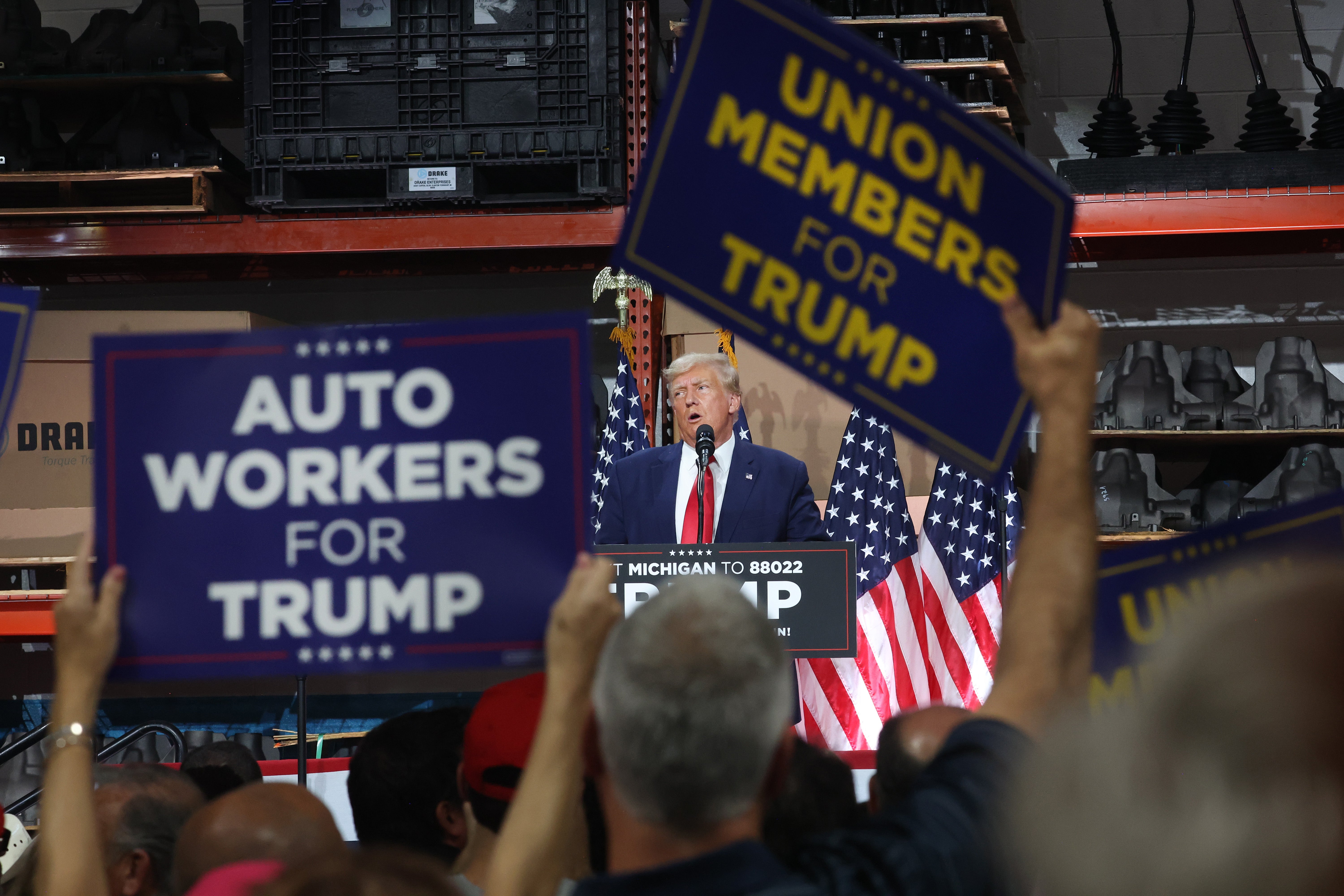 Former U.S. President Donald Trump speaks at a campaign rally at Drake Enterprises, an automotive parts manufacturer, on September 27, 2023 in Clinton Township, Michigan.