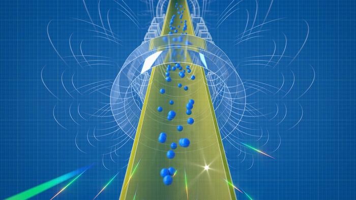 Graphic shows antihydrogen atoms falling and annihilating inside a magnetic trap, part of the ALPHA-g experiment at CERN to measure the effect of gravity on antimatter.