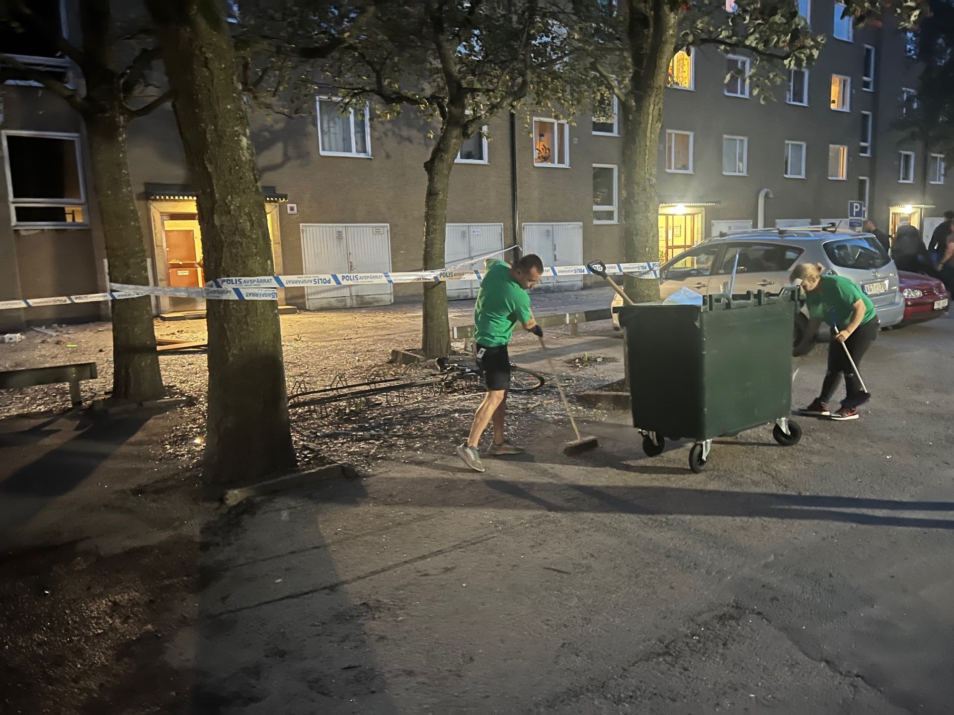 The clear-up at the site of the blast in Hasselby