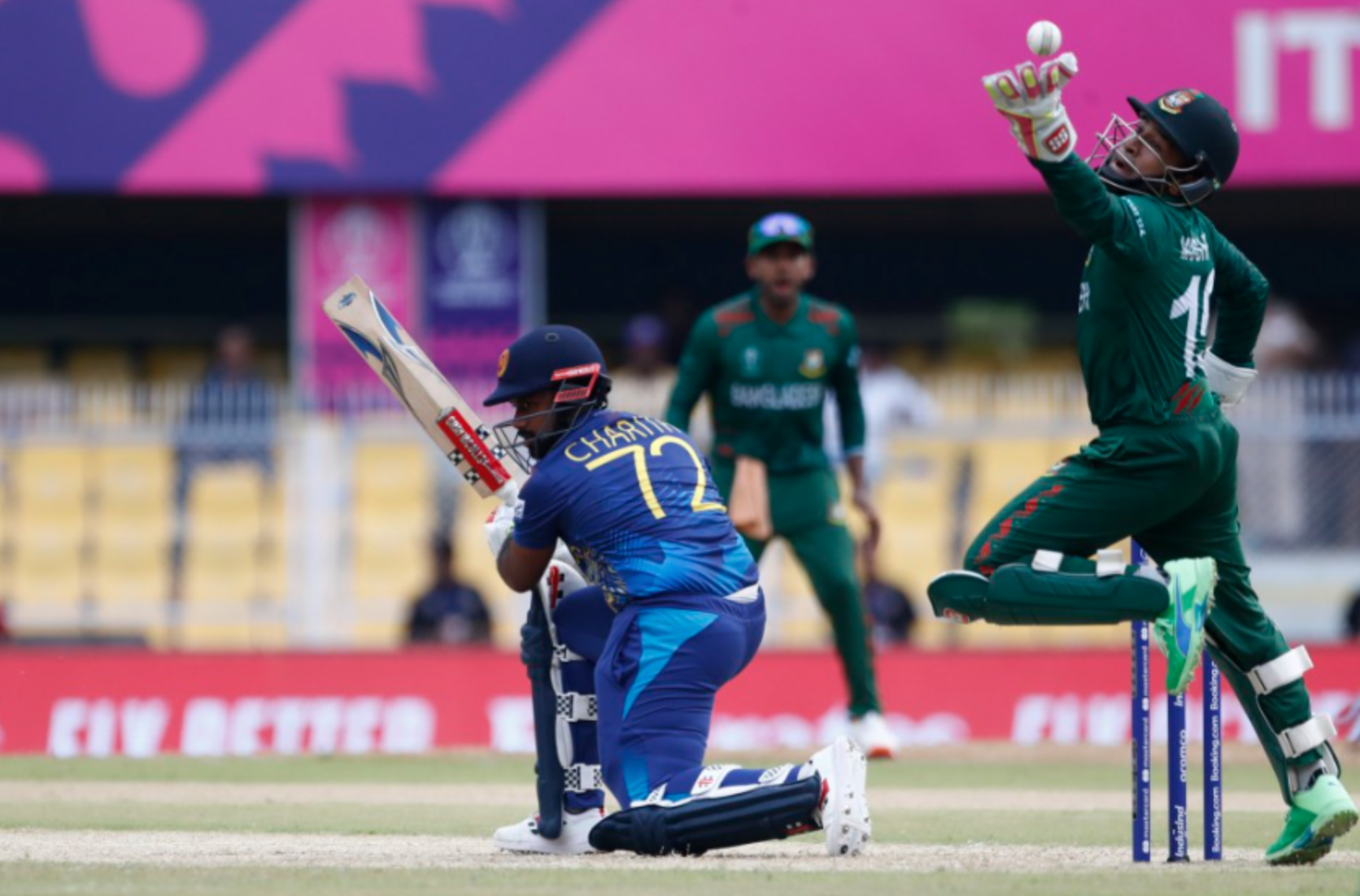 Mushfiqur Rahim of Bangladesh tries to takes a catch to dismiss Charith Asalanka of Sri Lanka during the Bangladesh and Sri Lanka warm-up match