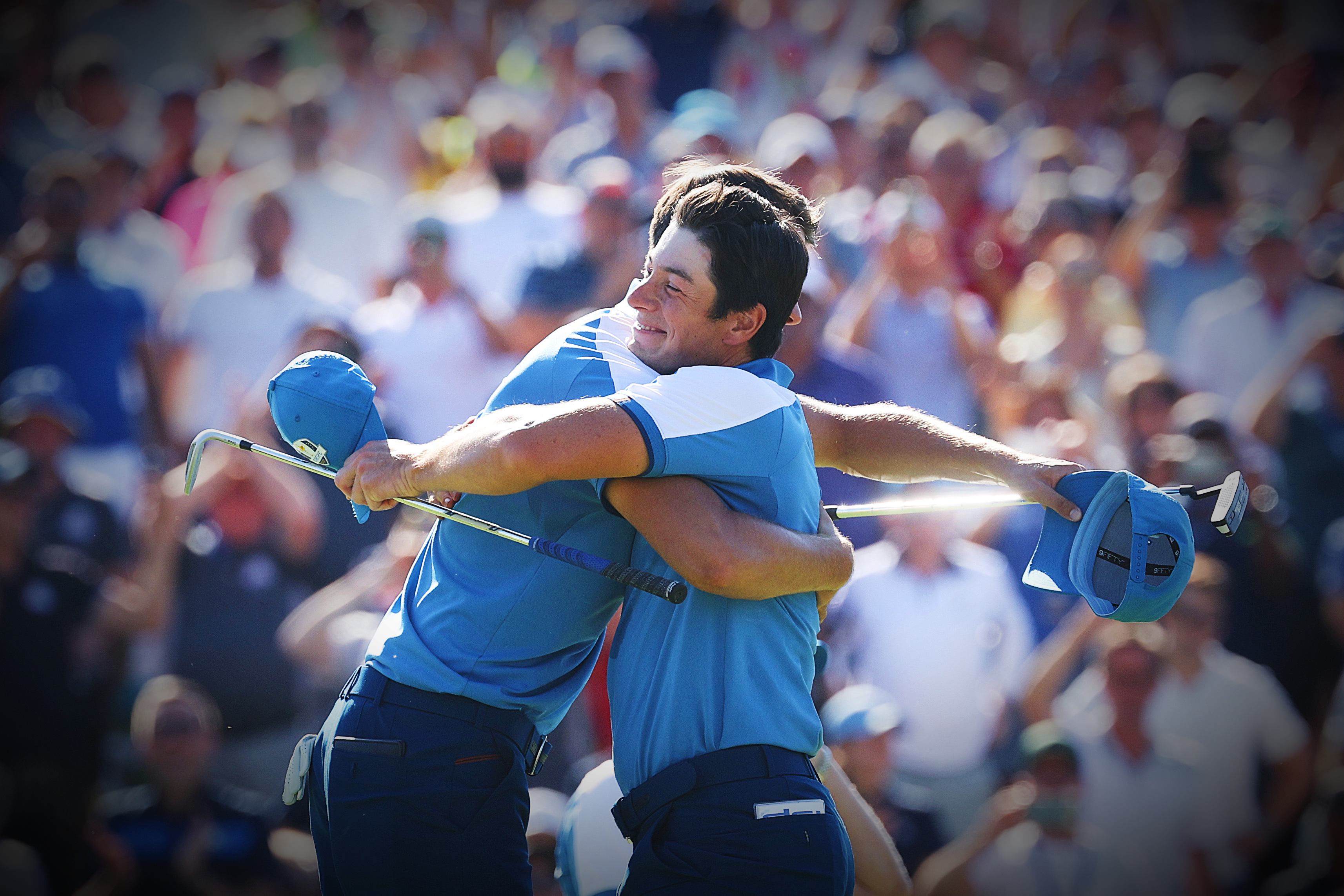 Ludvig Aberg and Viktor Hovland embrace after winning their Ryder Cup foursomes match