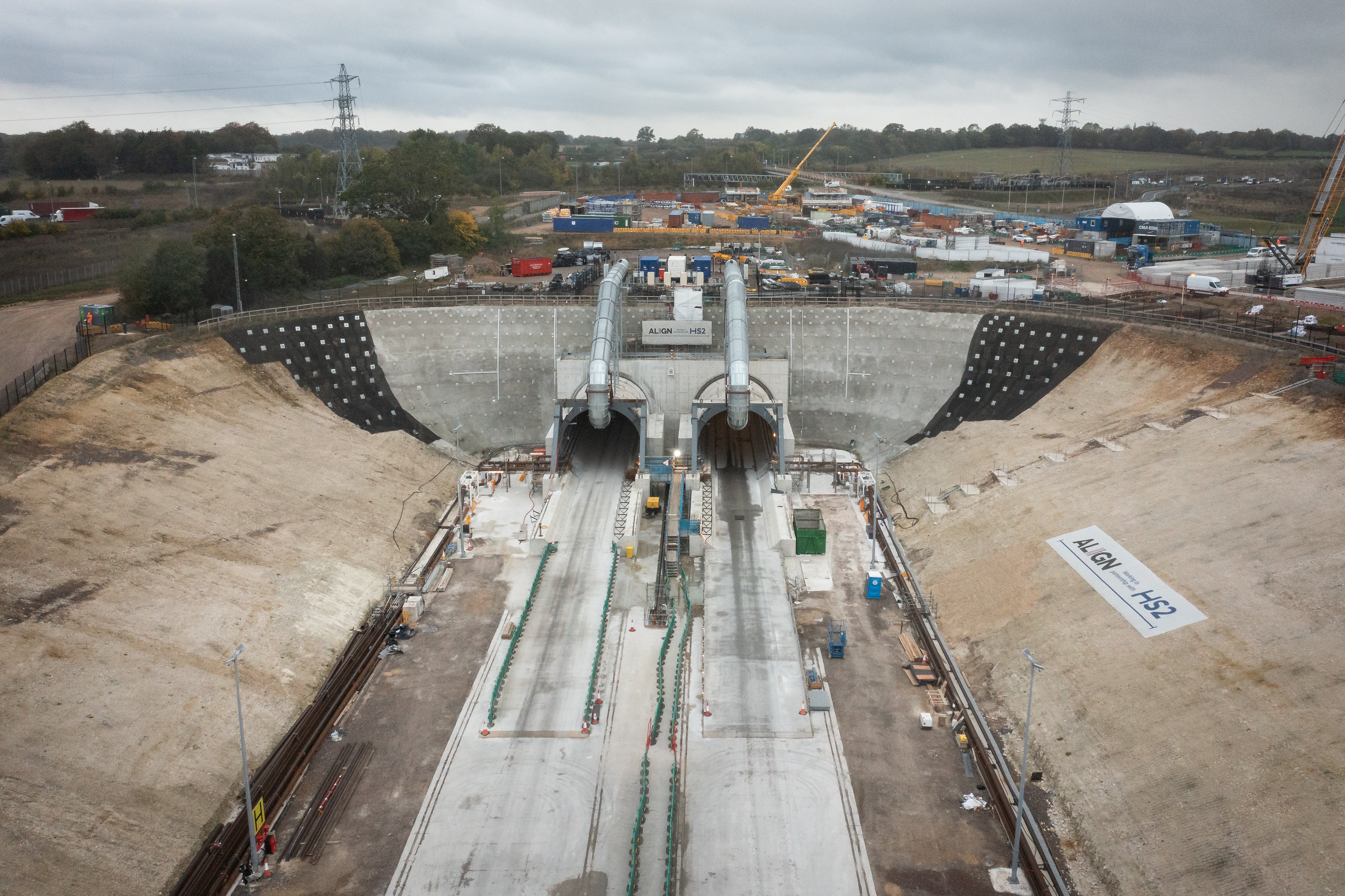 Aerial view of the tunnel entrances at the HS2 south portal site, West Hyde, England, November 2021