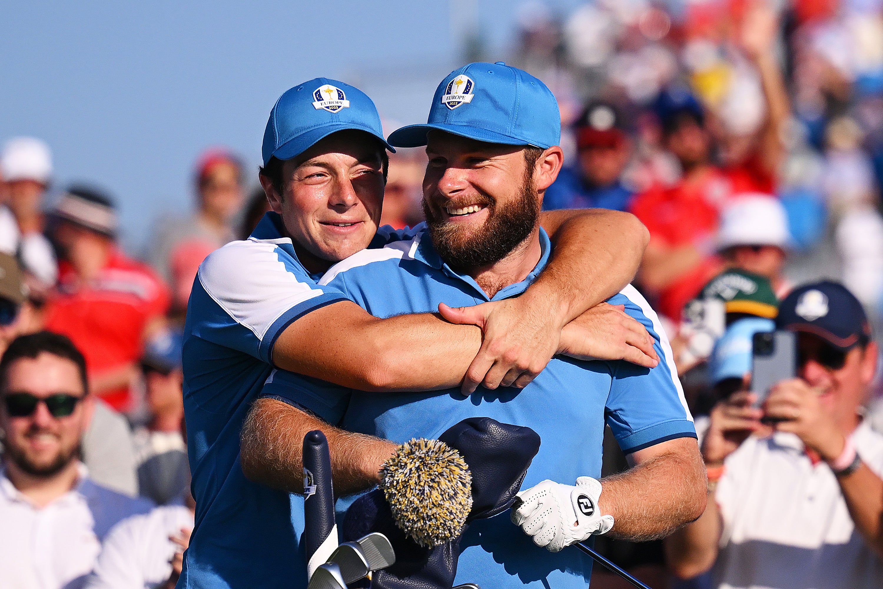 Viktor Hovland and Tyrrell Hatton celebrate