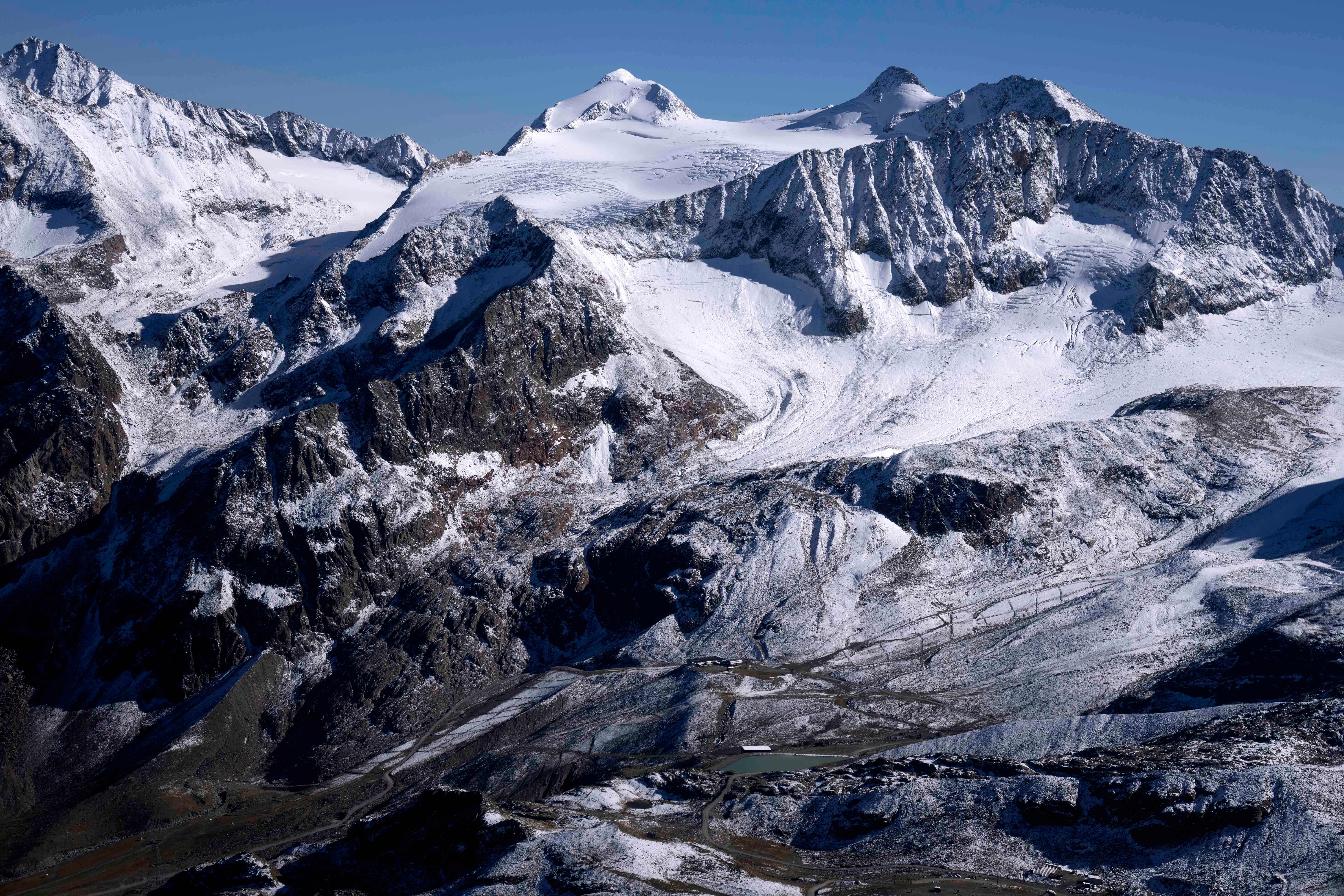 The Sulzenauferner Glacier at the Stubai ski area is visible near Innsbruck, Austria, Monday, Sept. 25, 2023. (AP Photo/Matthias Schrader)