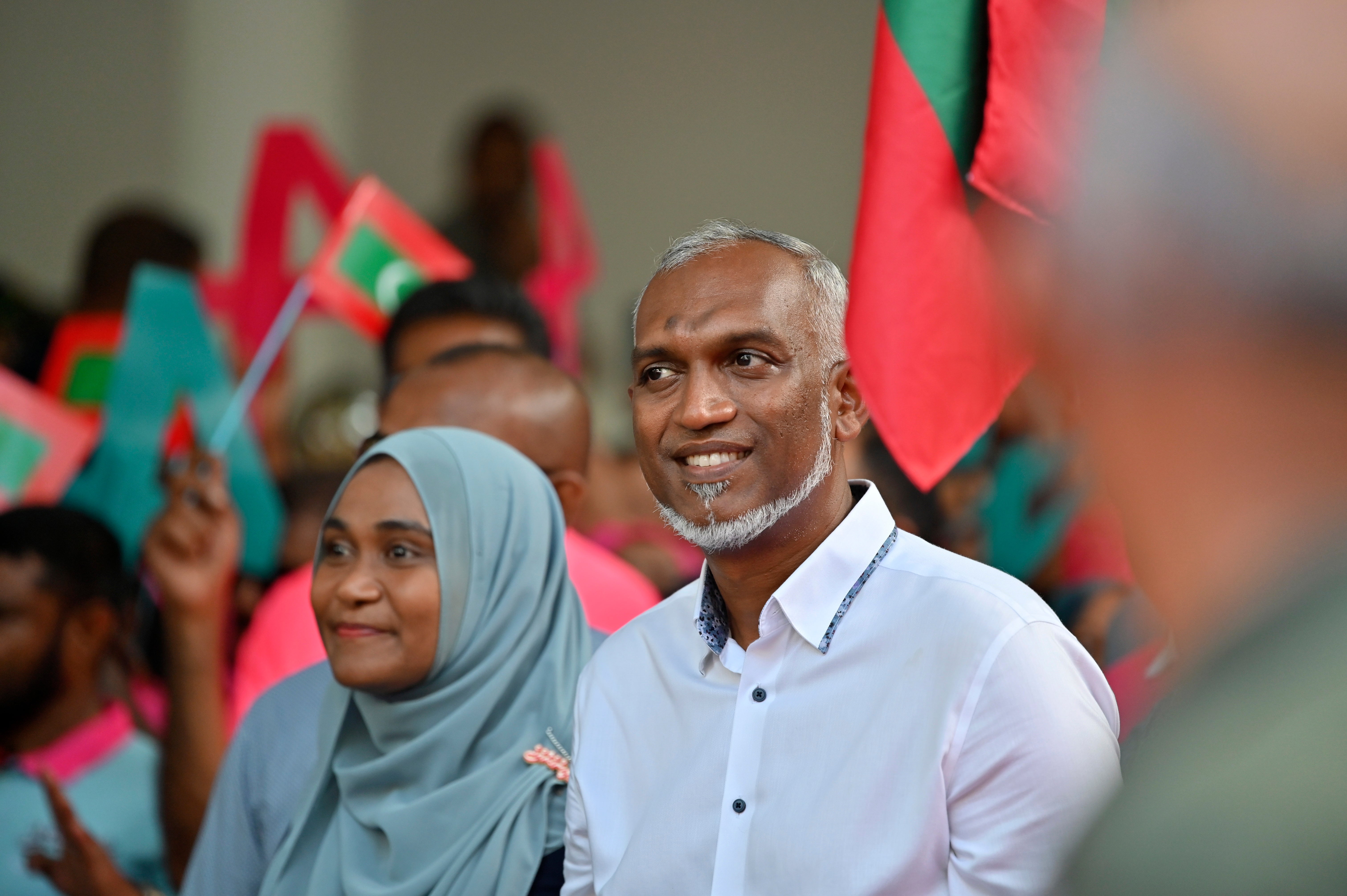 Maldives’ main opposition candidate Mohamed Muiz participates in a rally on 29 September