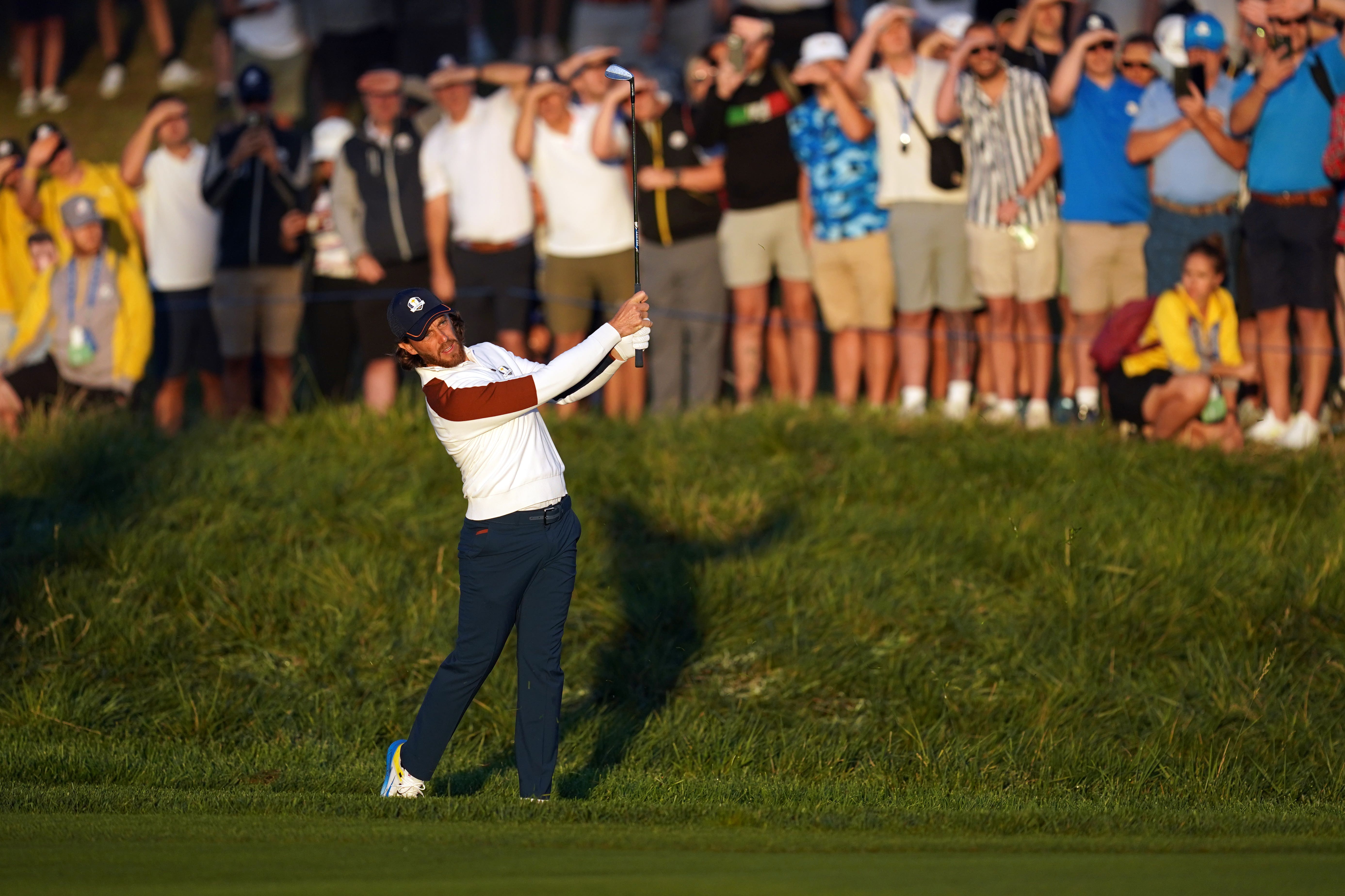 Team Europe’s Tommy Fleetwood tees off on day two of the Ryder Cup (David Davies/PA)