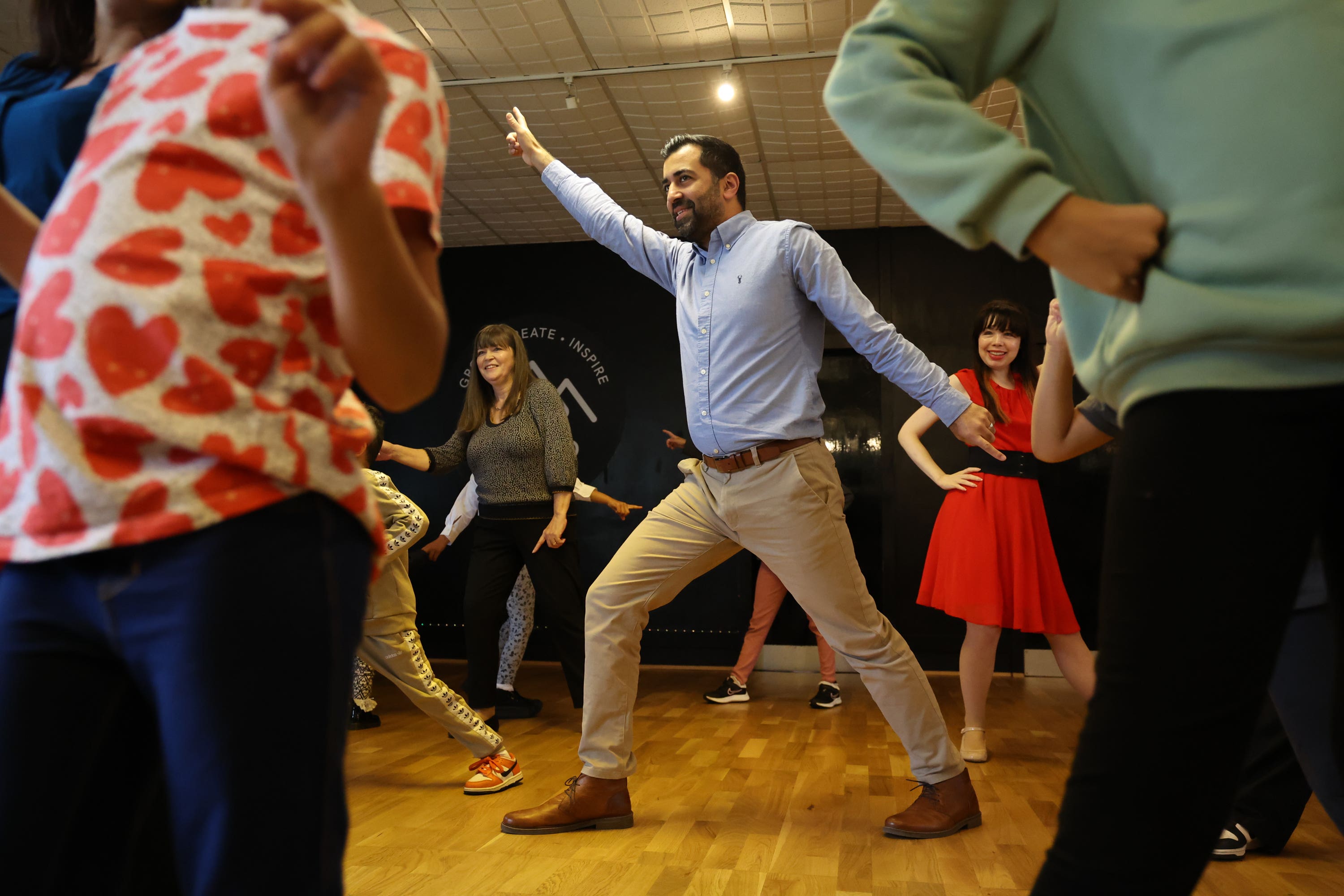 First Minister Humza Yousaf on the campaign trail in Rutherglen (Robert Perry/PA)