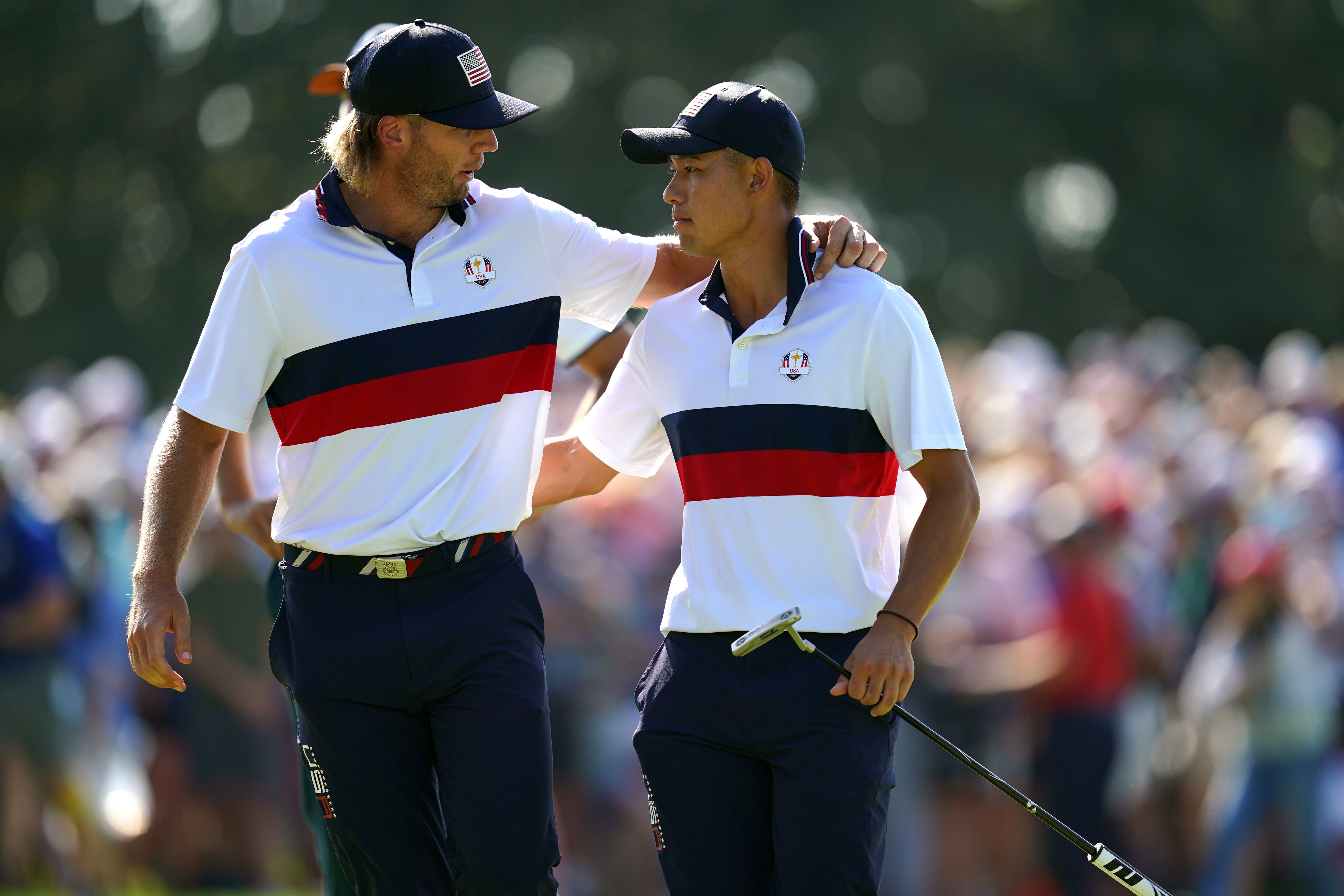 Sam Burns and Collin Morikawa earned the United States the first point of the afternoon fourballs (David Davies/PA).